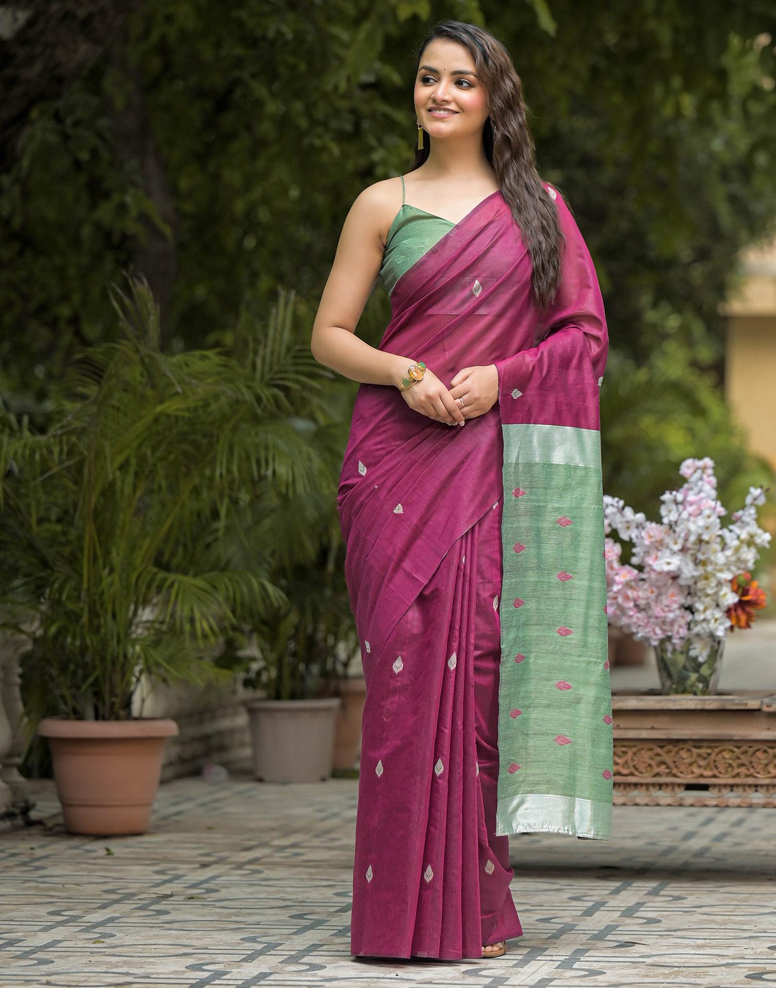 Wine Linen Woven Saree