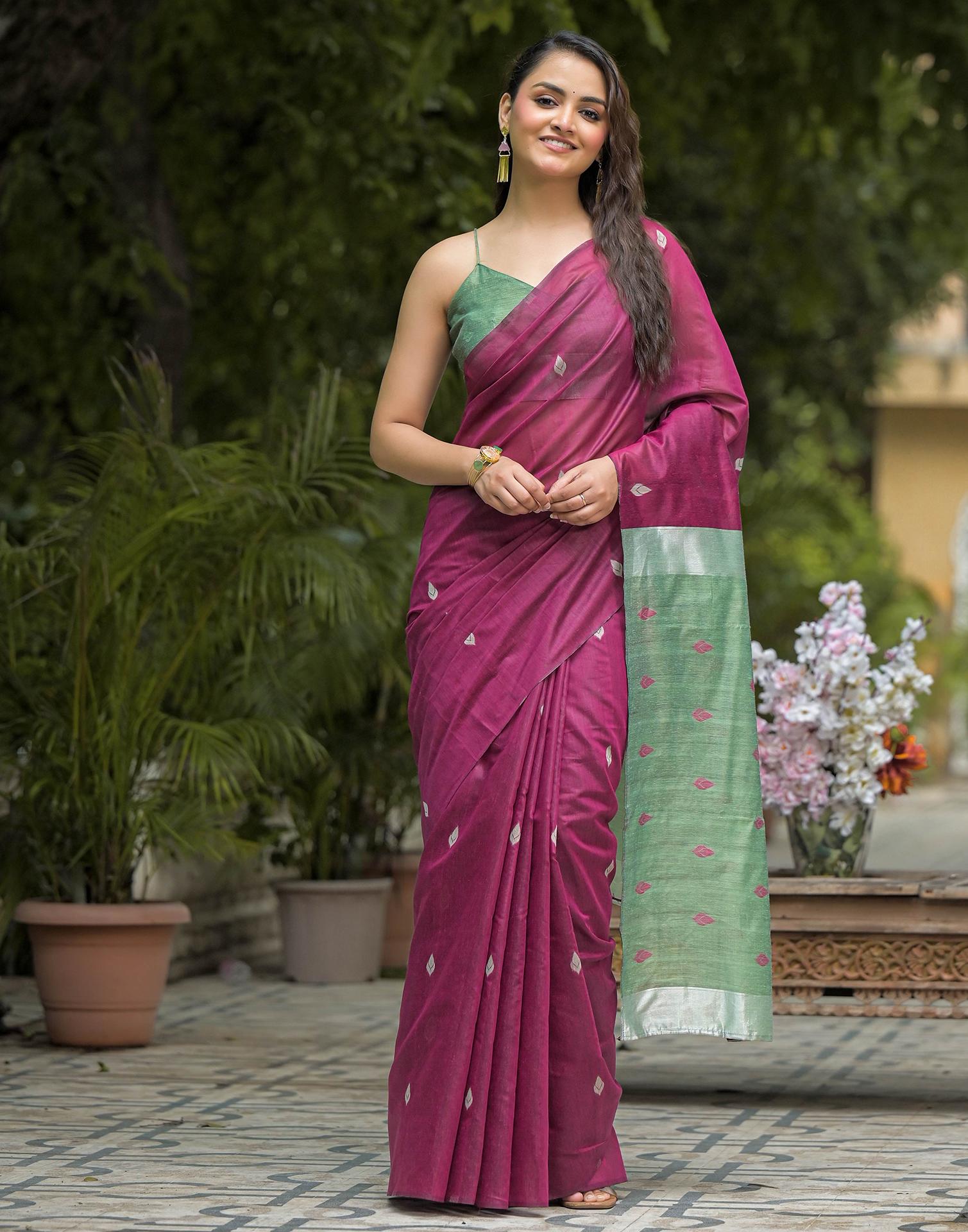 Wine Linen Woven Saree
