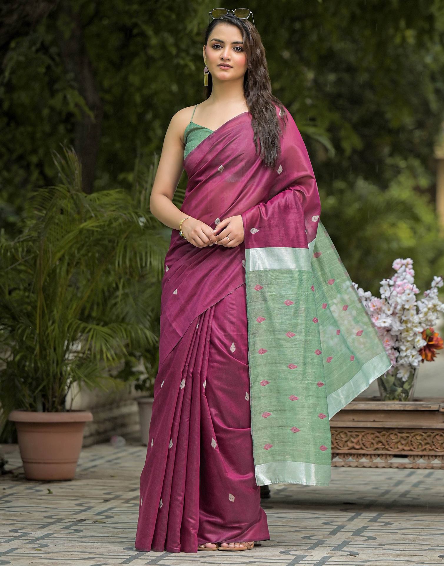 Wine Linen Woven Saree