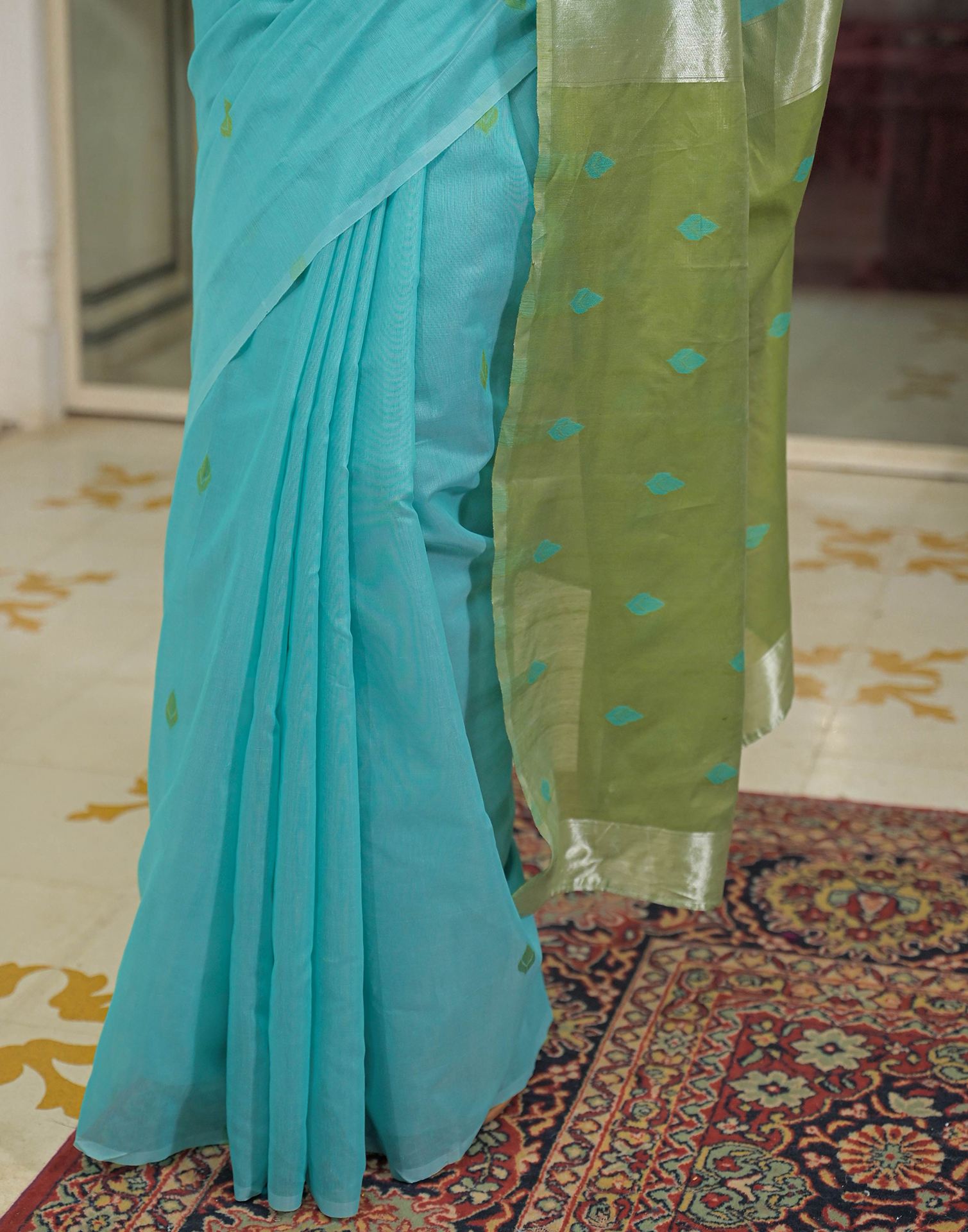 Turqoise Blue Linen Woven Saree