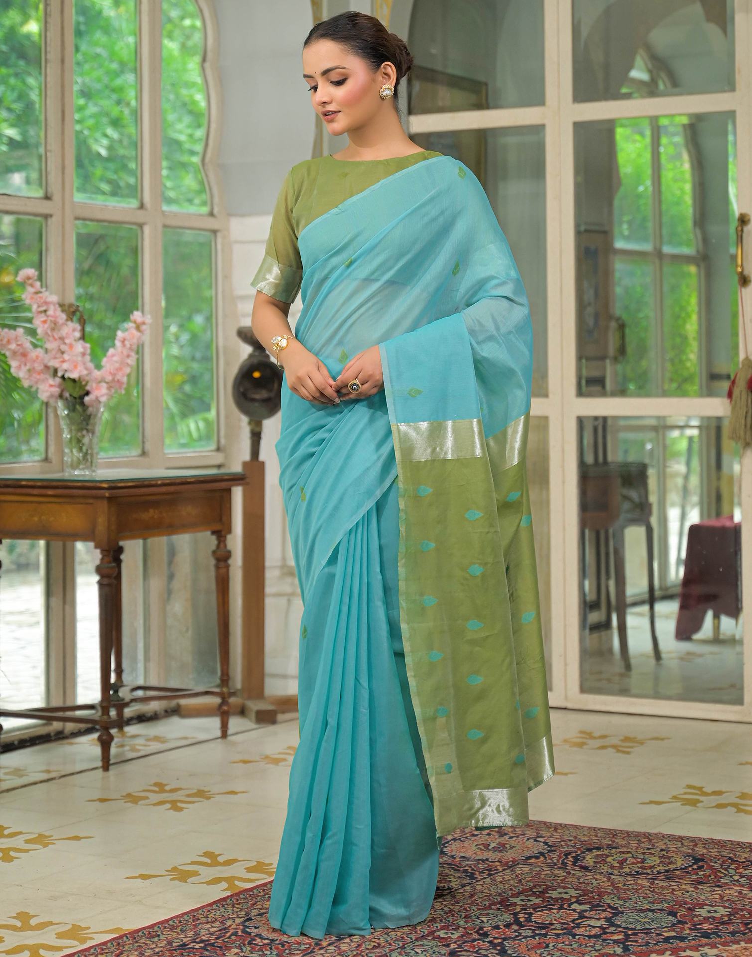 Turqoise Blue Linen Woven Saree