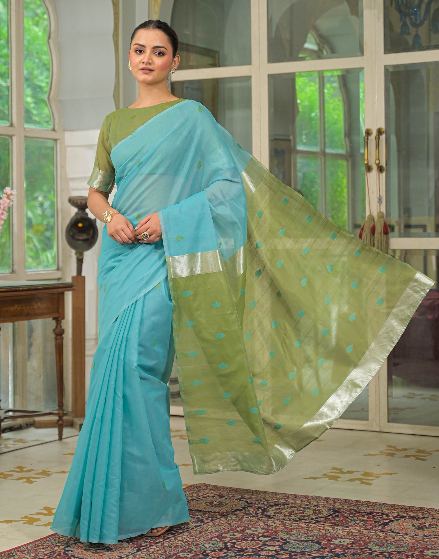 Turqoise Blue Linen Woven Saree