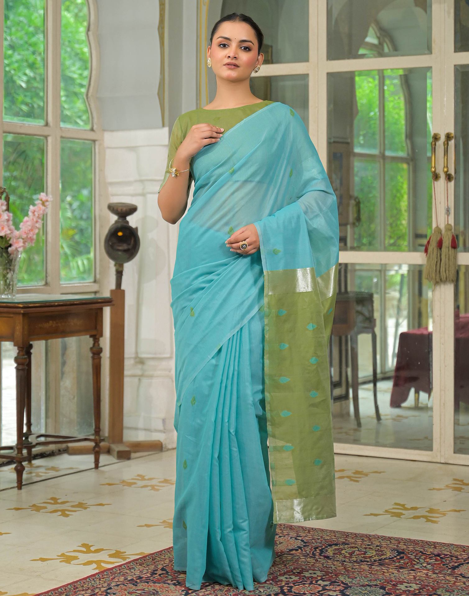 Turqoise Blue Linen Woven Saree