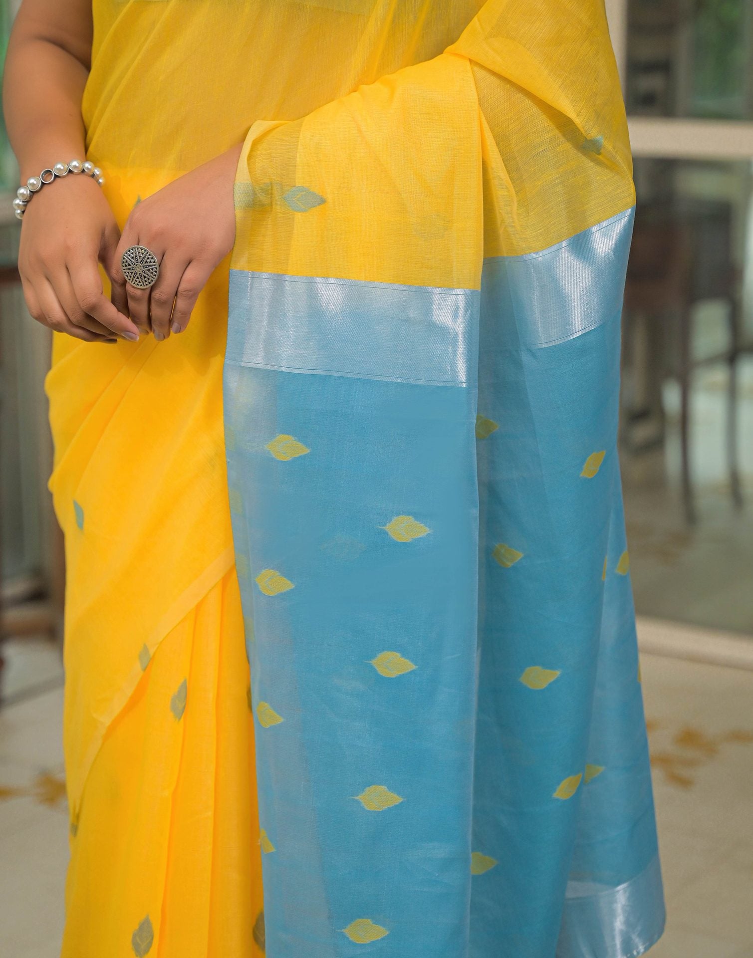 Yellow Linen Woven Saree
