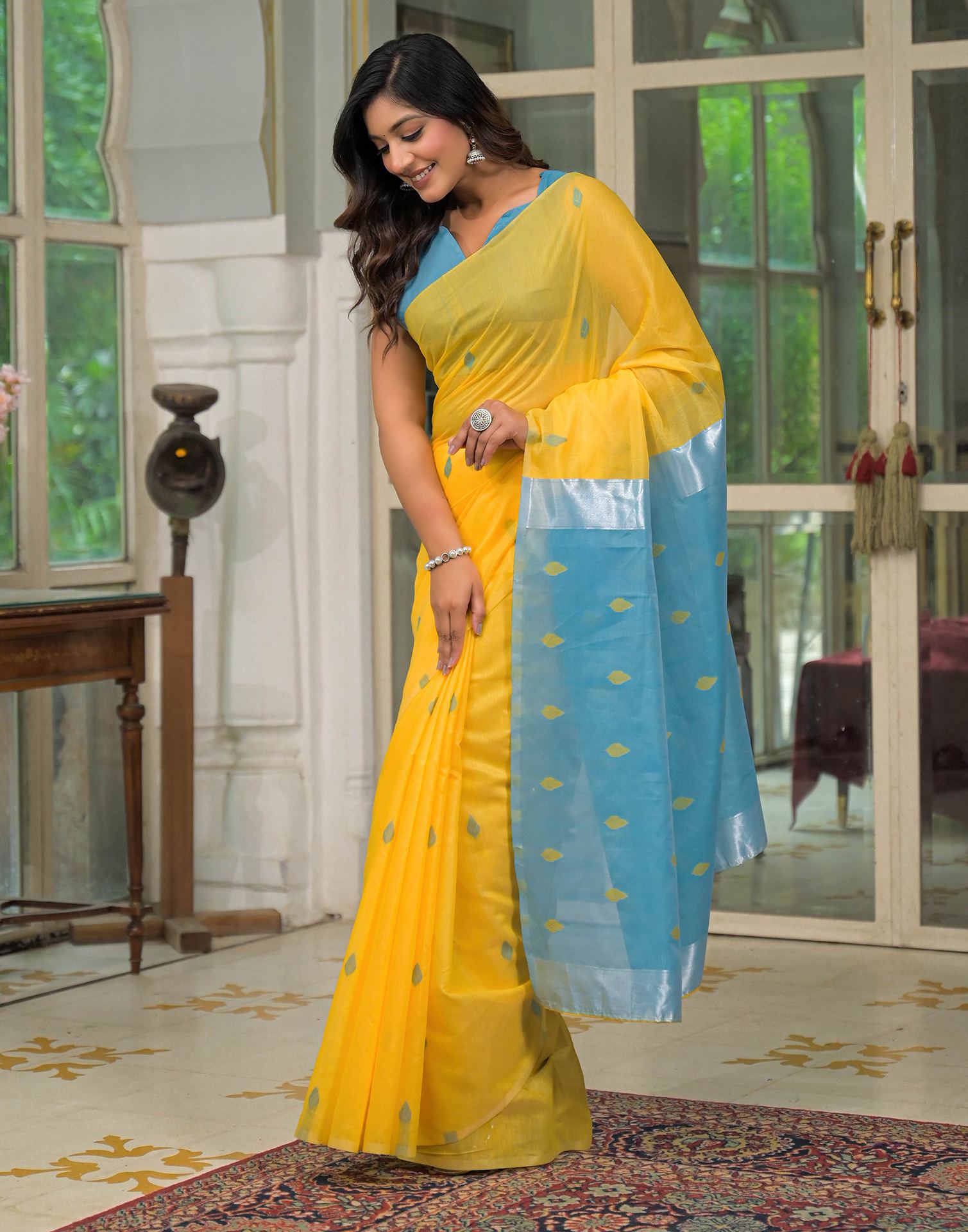Yellow Linen Woven Saree