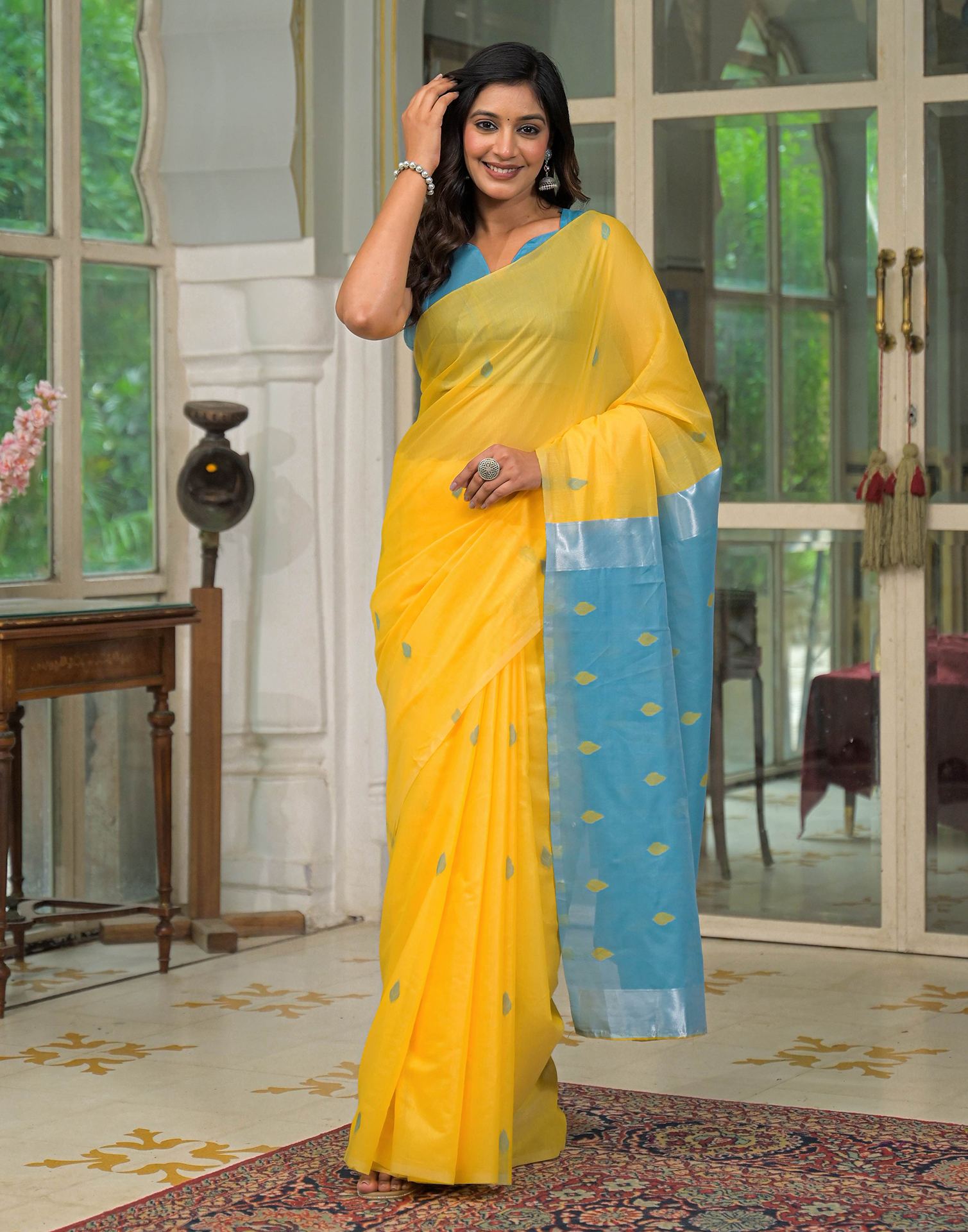 Yellow Linen Woven Saree