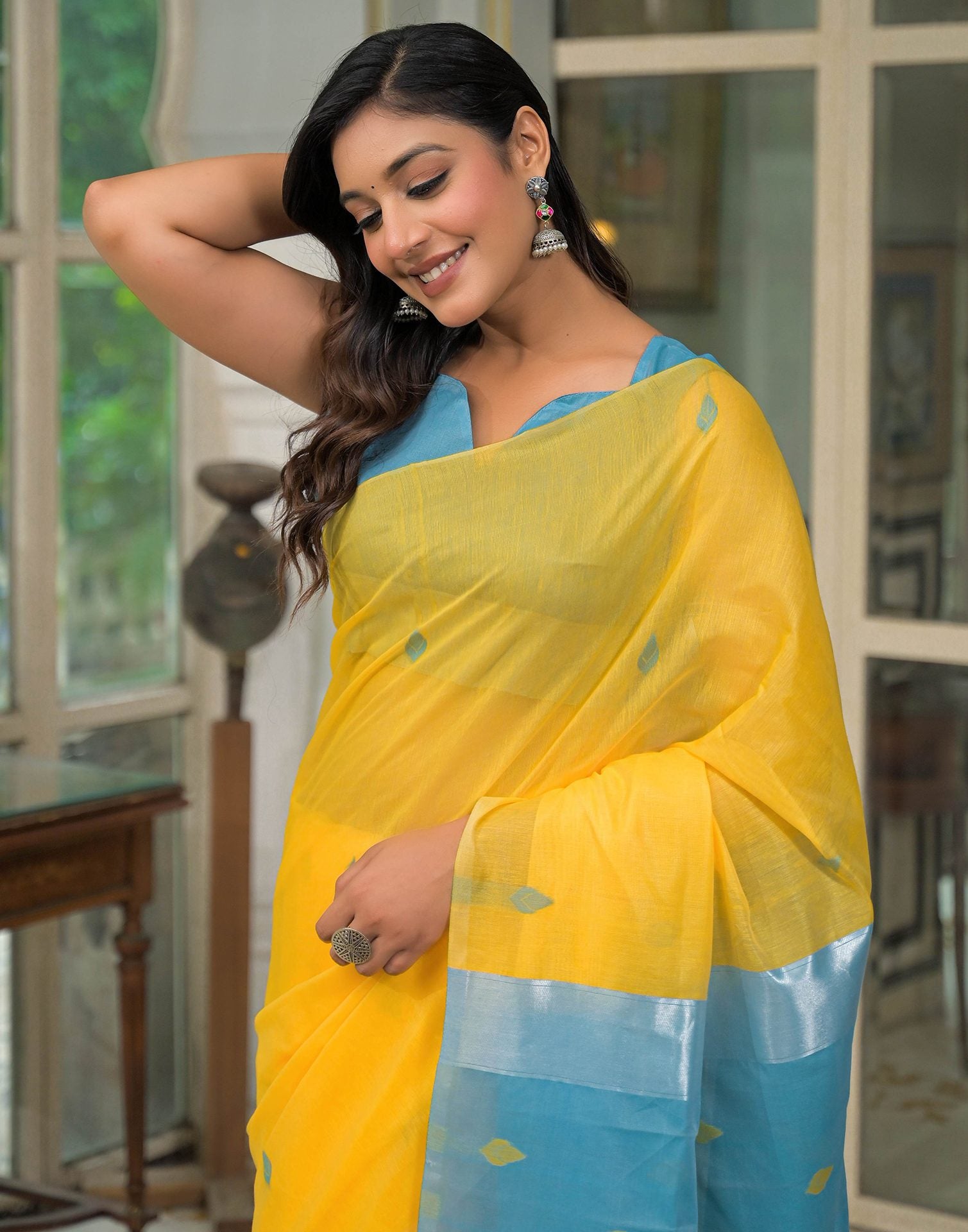 Yellow Linen Woven Saree