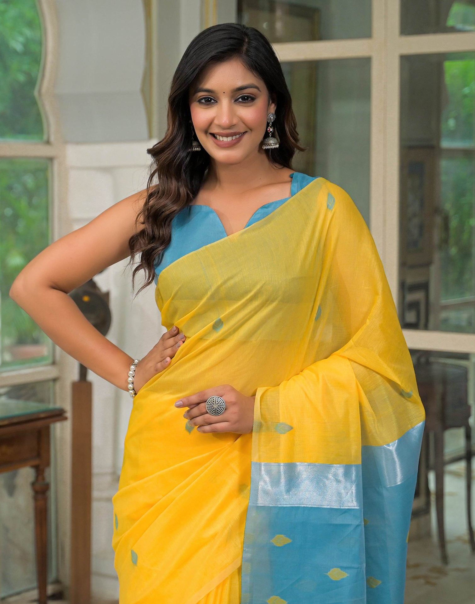 Yellow Linen Woven Saree