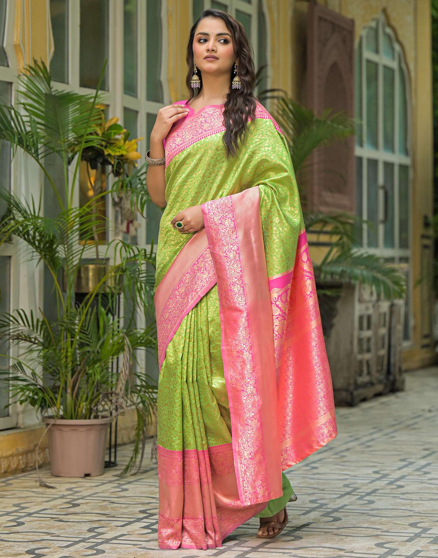 Parrot Green Silk Woven Kanjivaram Saree
