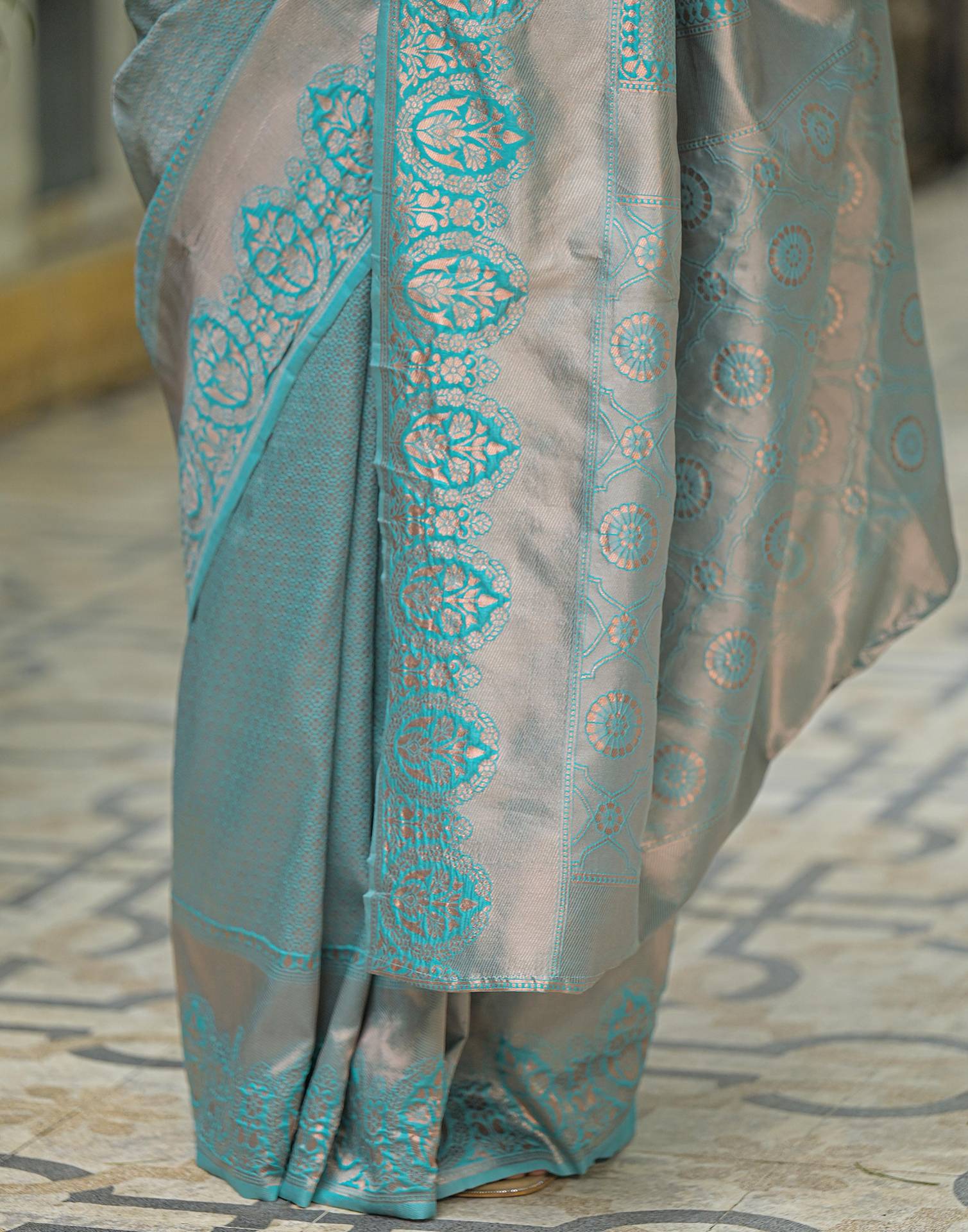 Turquoise Blue Silk Woven Kanjivaram Saree