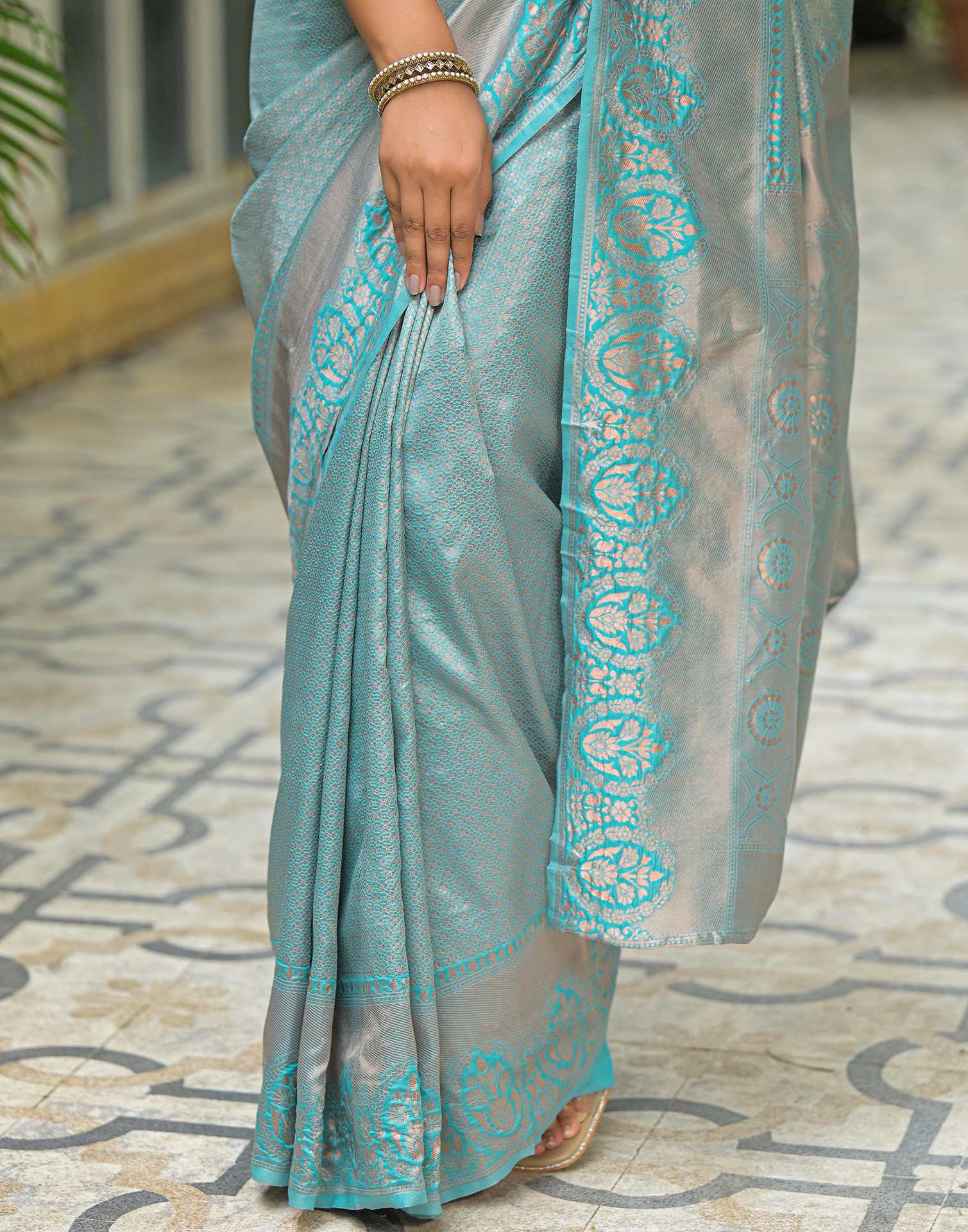 Turquoise Blue Silk Woven Kanjivaram Saree
