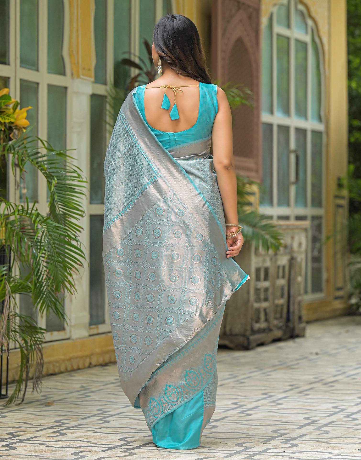 Turquoise Blue Silk Woven Kanjivaram Saree