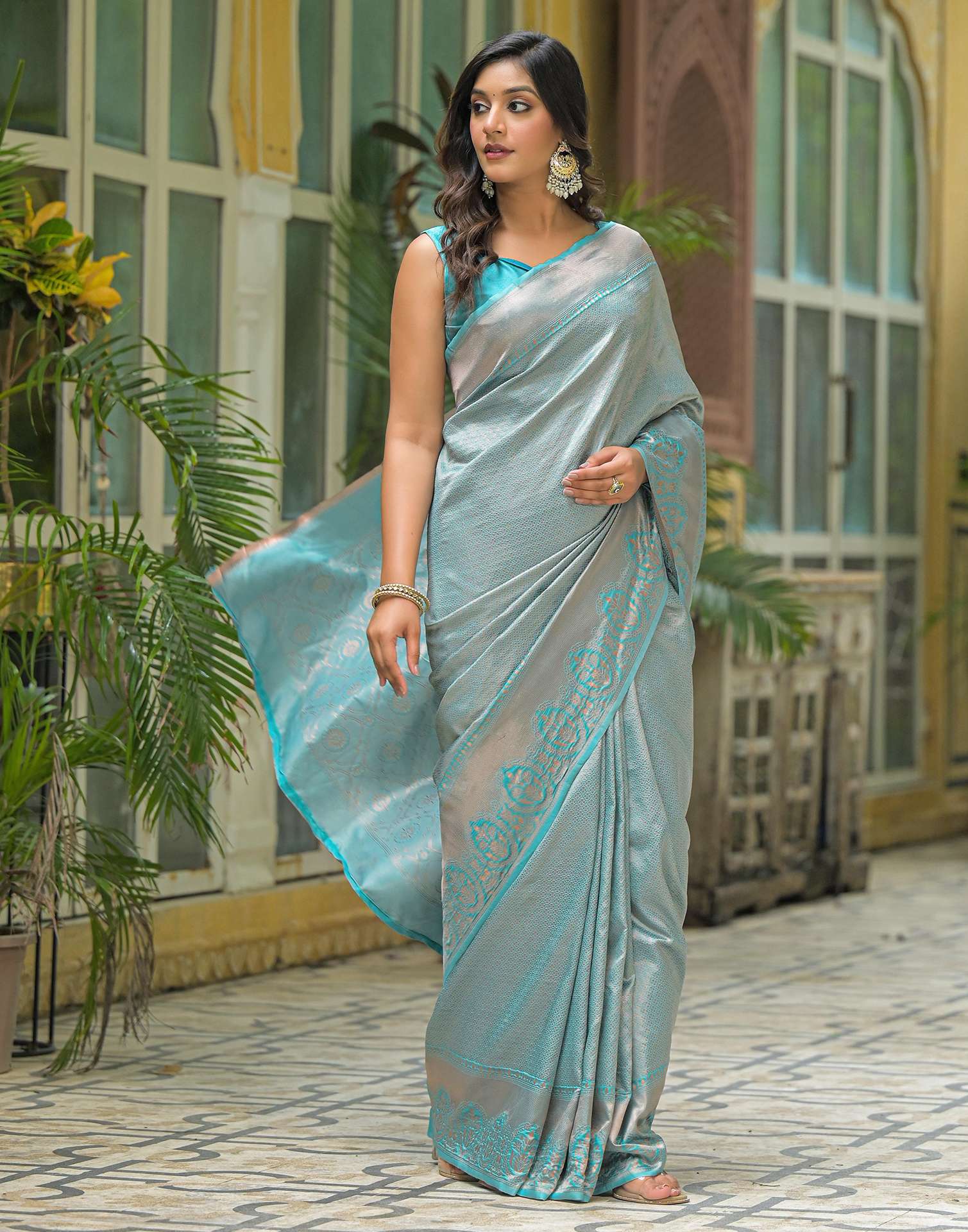 Turquoise Blue Silk Woven Kanjivaram Saree