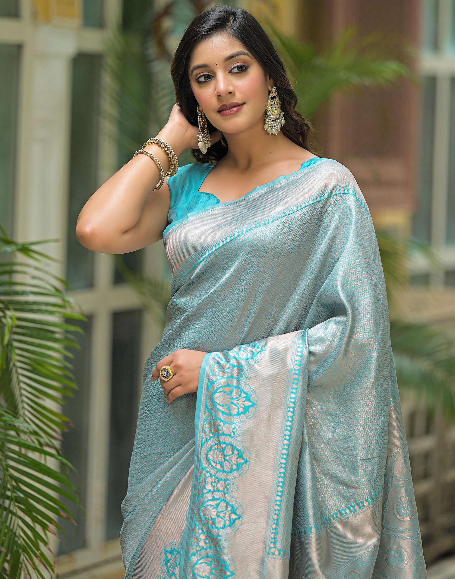 Turquoise Blue Silk Woven Kanjivaram Saree