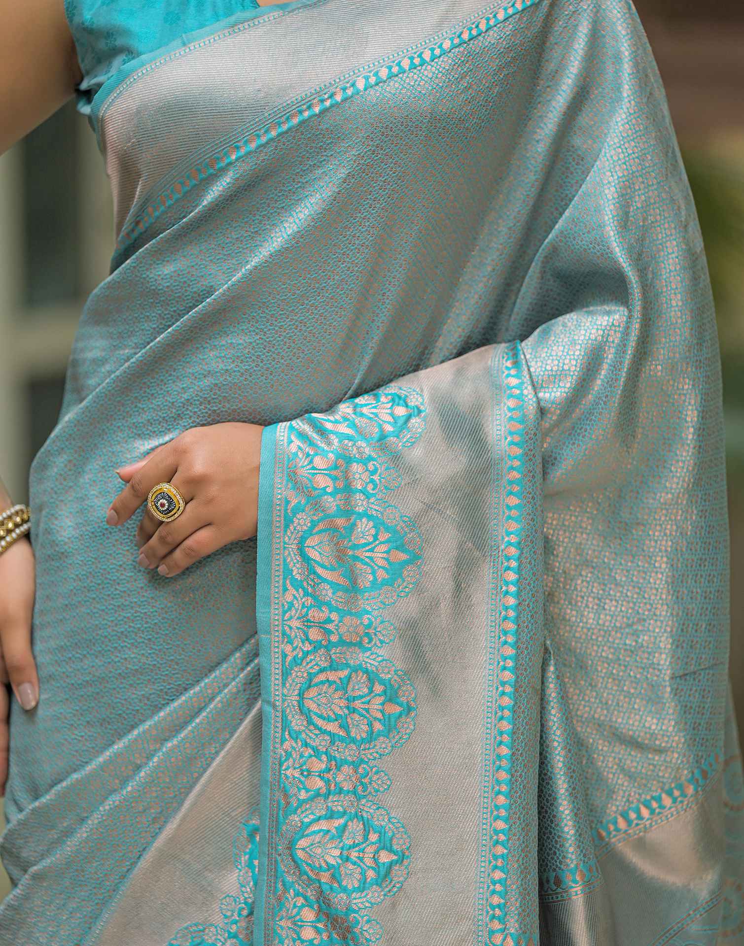 Turquoise Blue Silk Woven Kanjivaram Saree