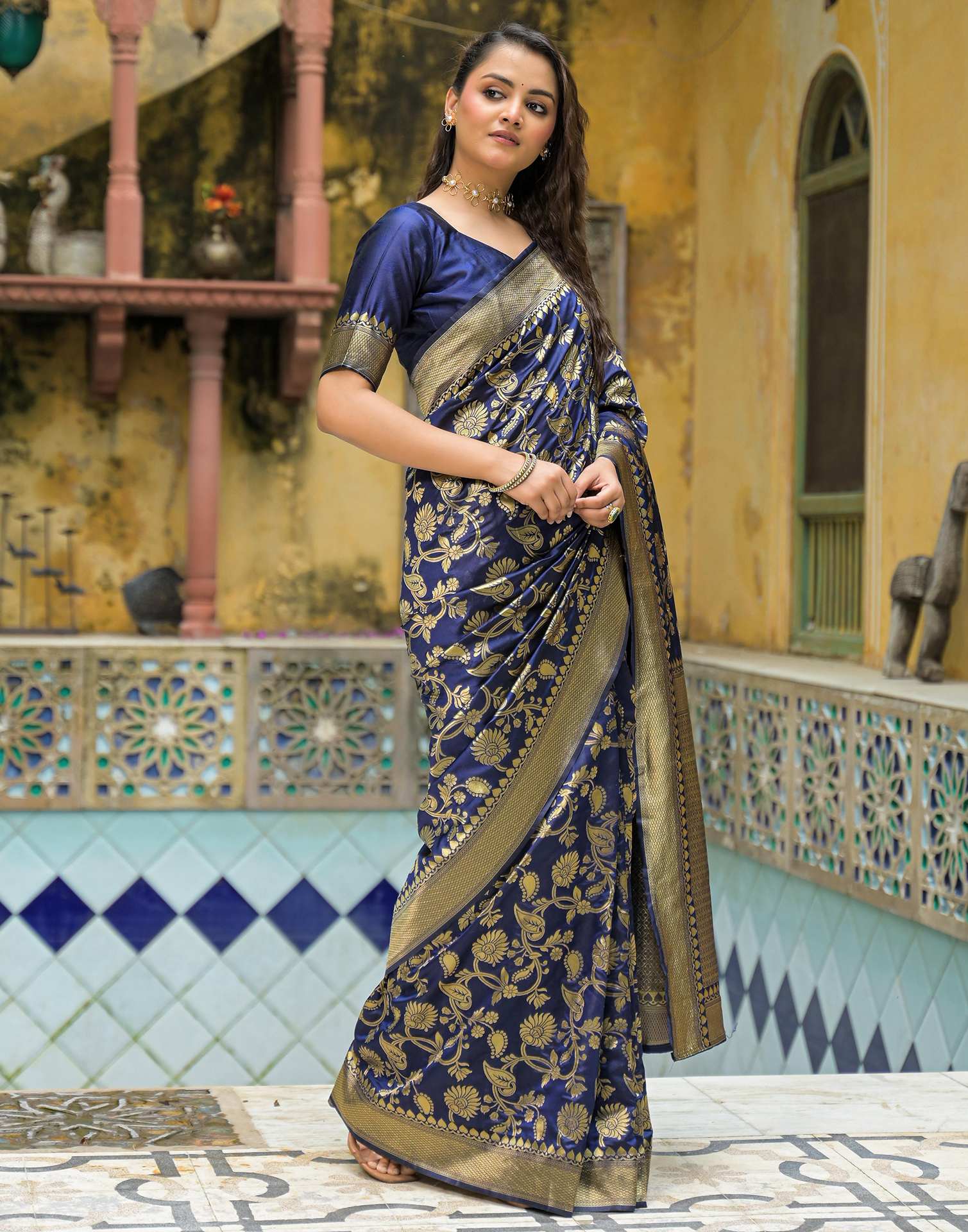 Navy Blue Silk Woven Banarasi Saree