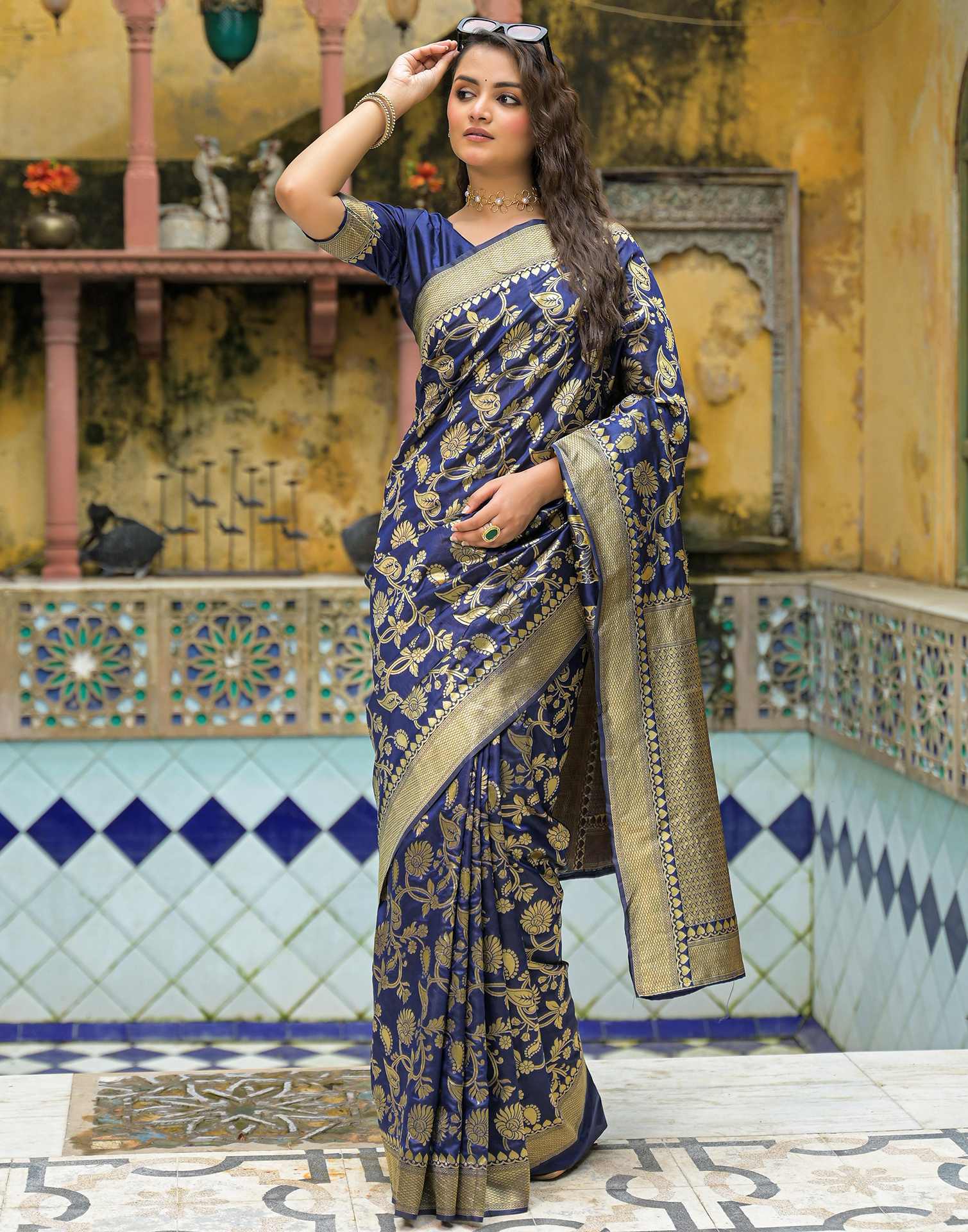 Navy Blue Silk Woven Banarasi Saree