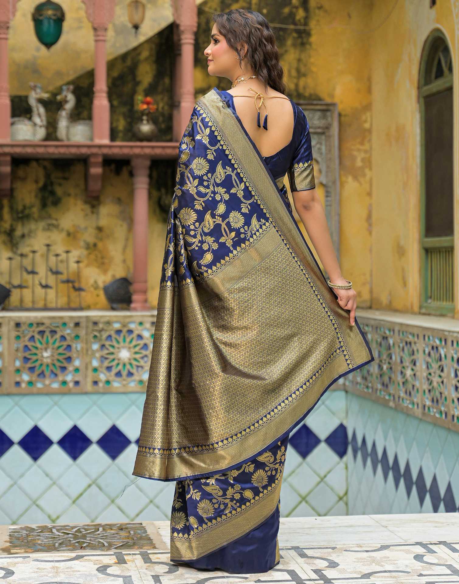 Navy Blue Silk Woven Banarasi Saree