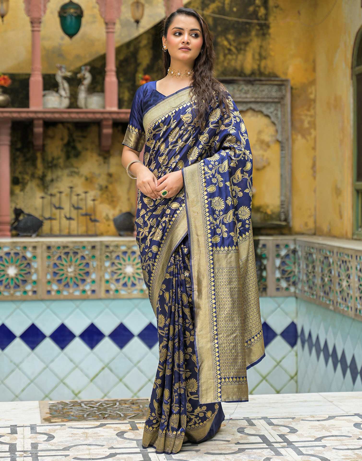 Navy Blue Silk Woven Banarasi Saree