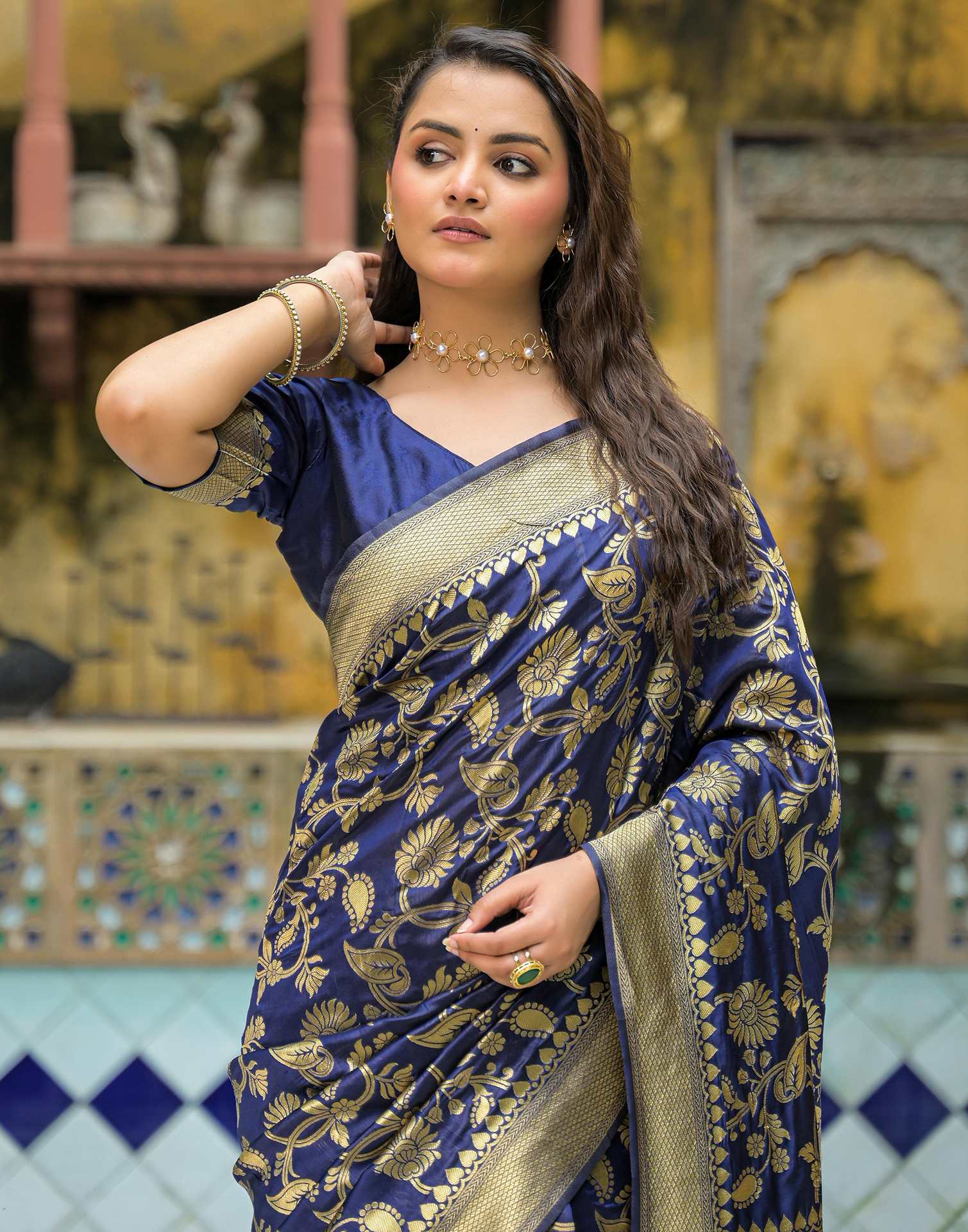 Navy Blue Silk Woven Banarasi Saree
