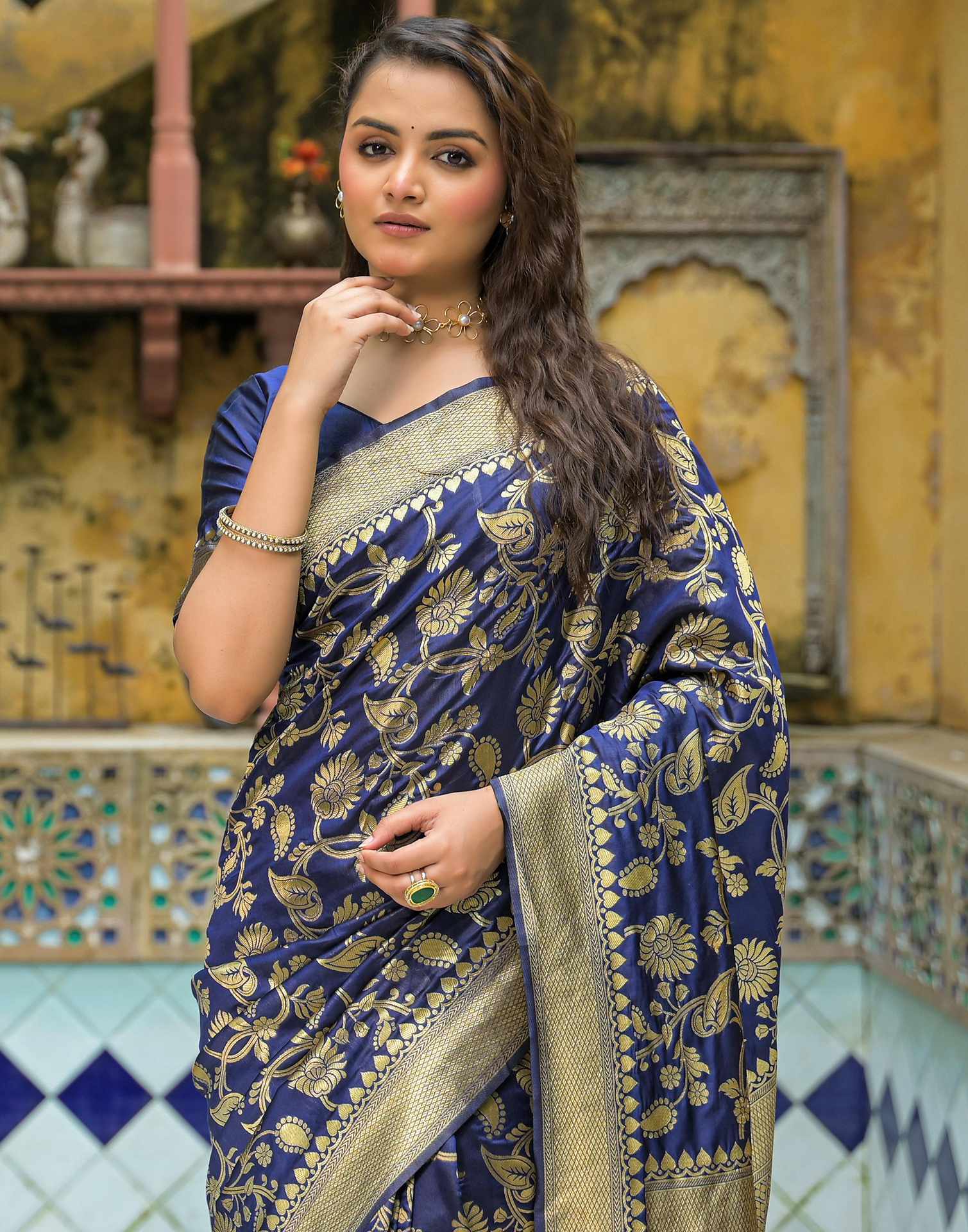 Navy Blue Silk Woven Banarasi Saree
