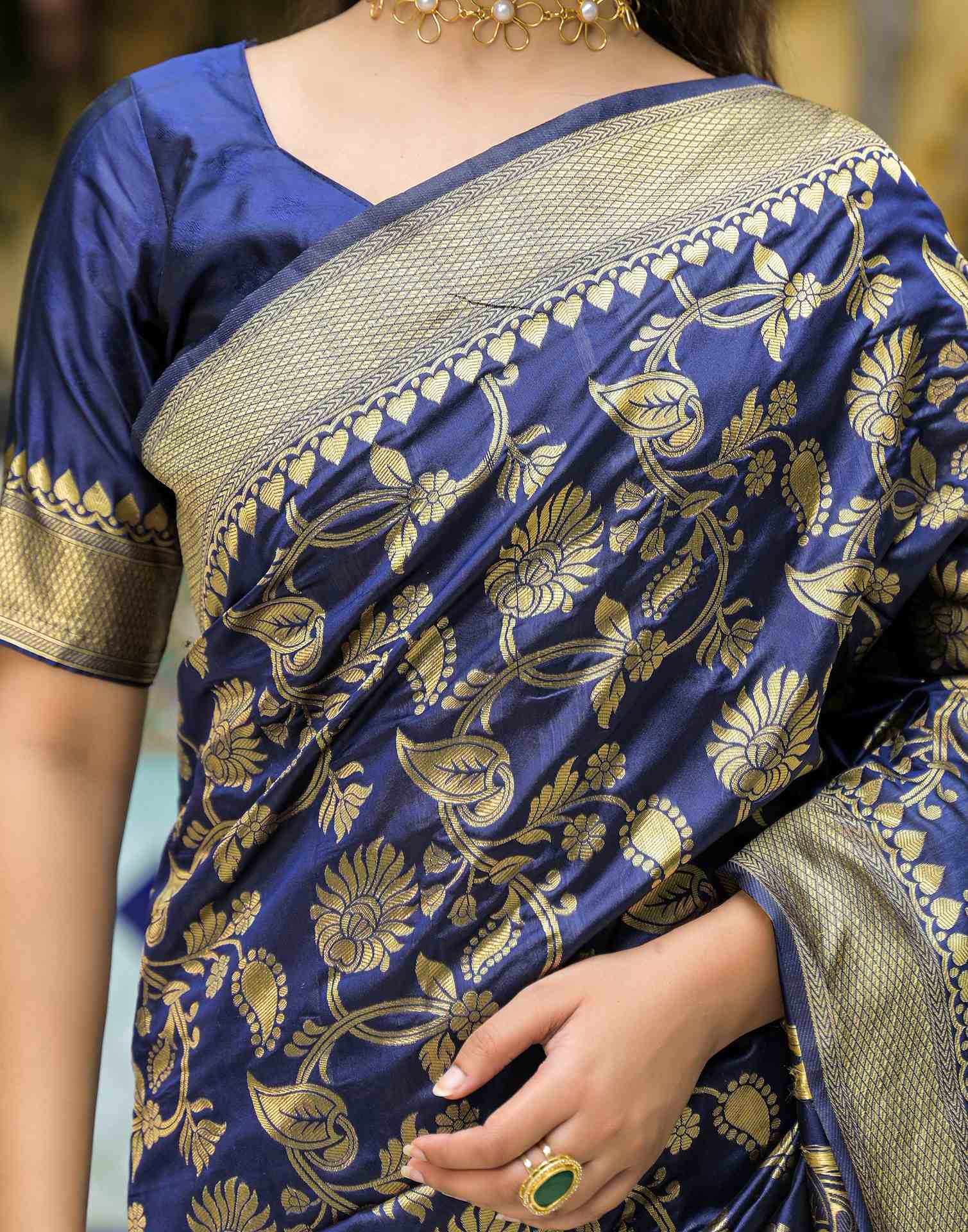 Navy Blue Silk Woven Banarasi Saree