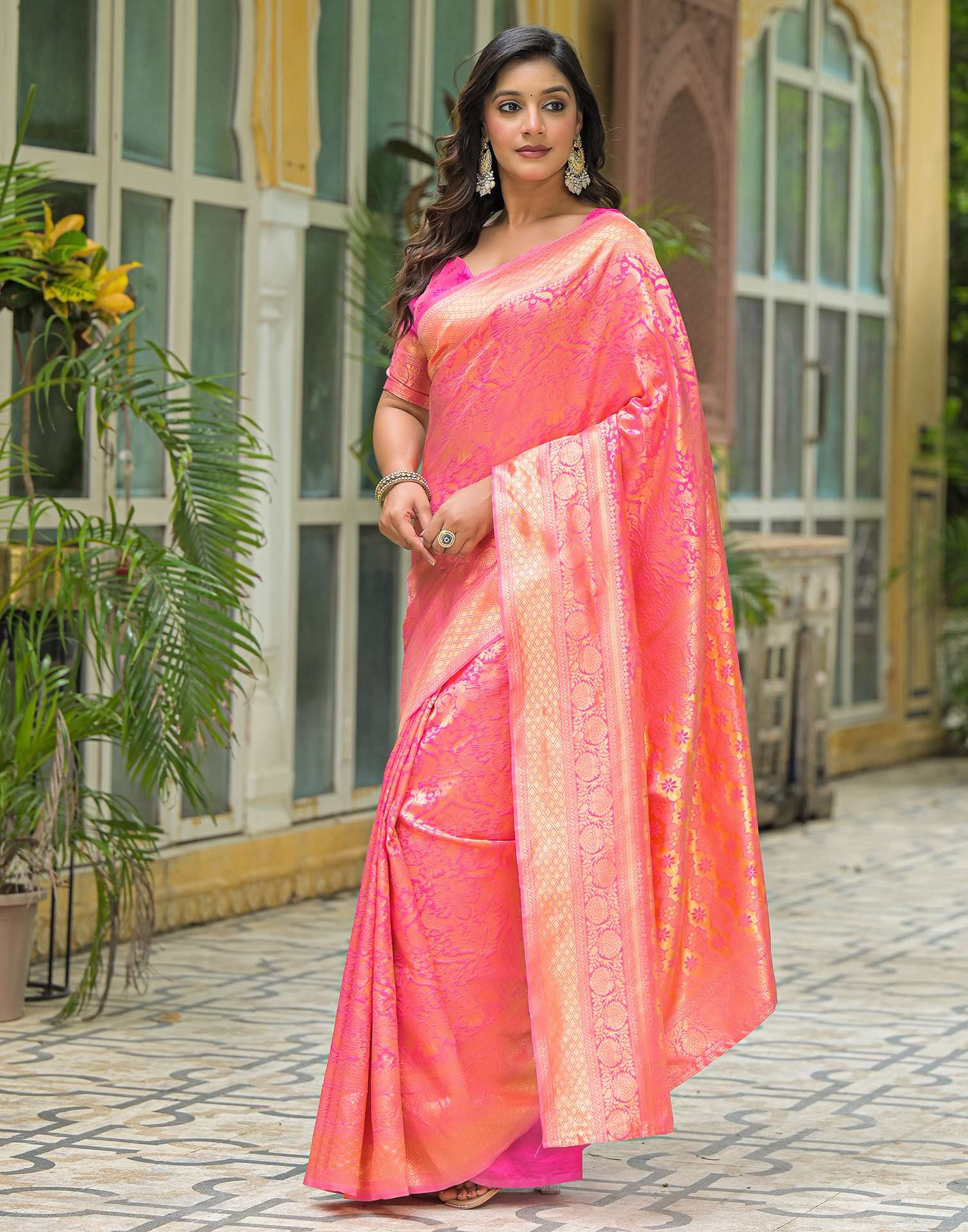 Pink Silk Woven Banarasi Saree