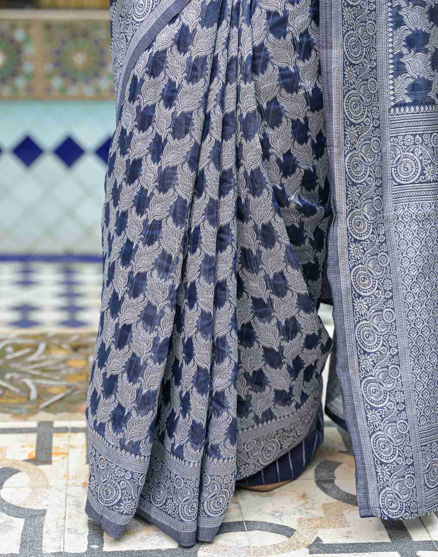 Navy Blue Silk Woven Saree