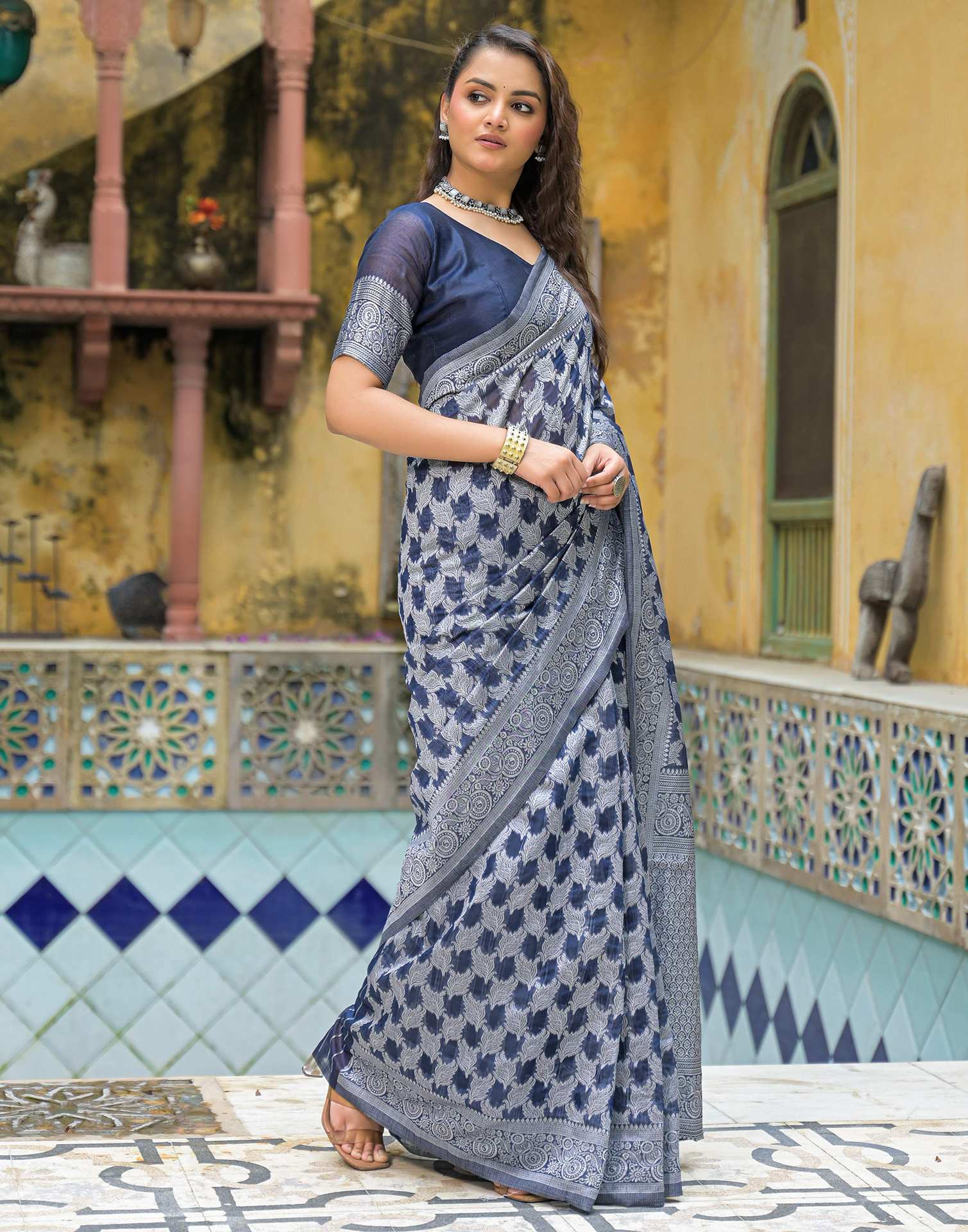 Navy Blue Silk Woven Saree