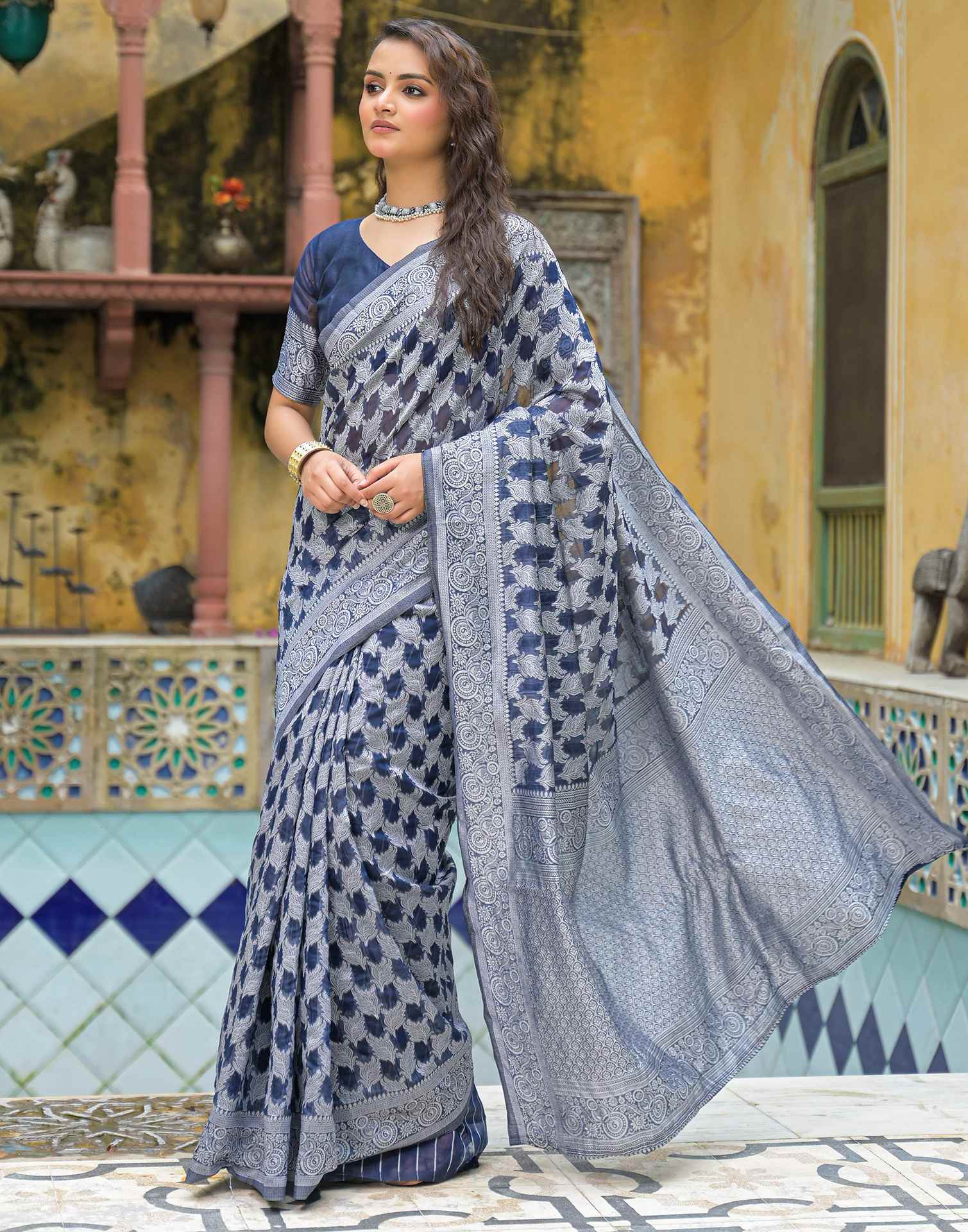 Navy Blue Silk Woven Saree
