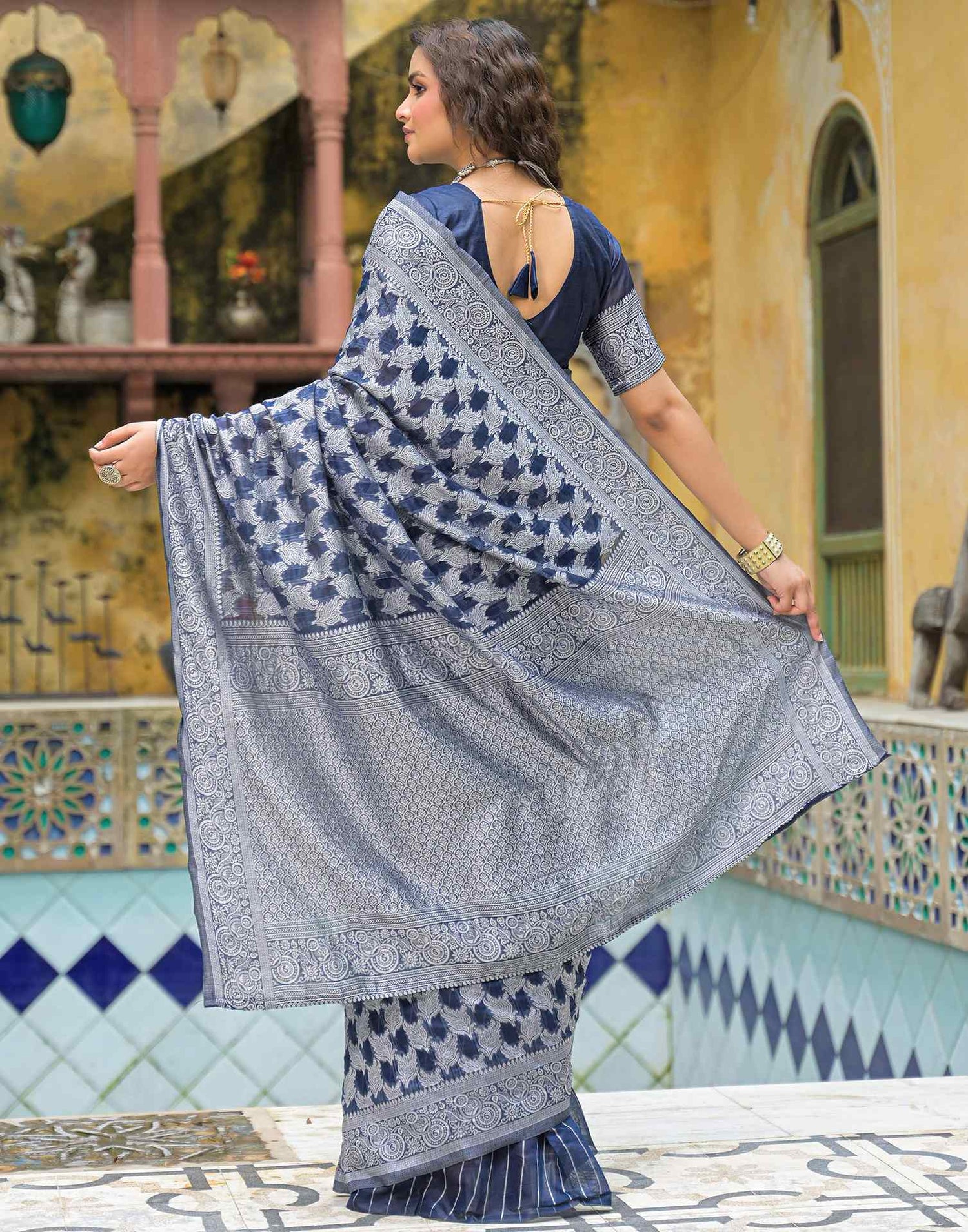 Navy Blue Silk Woven Saree