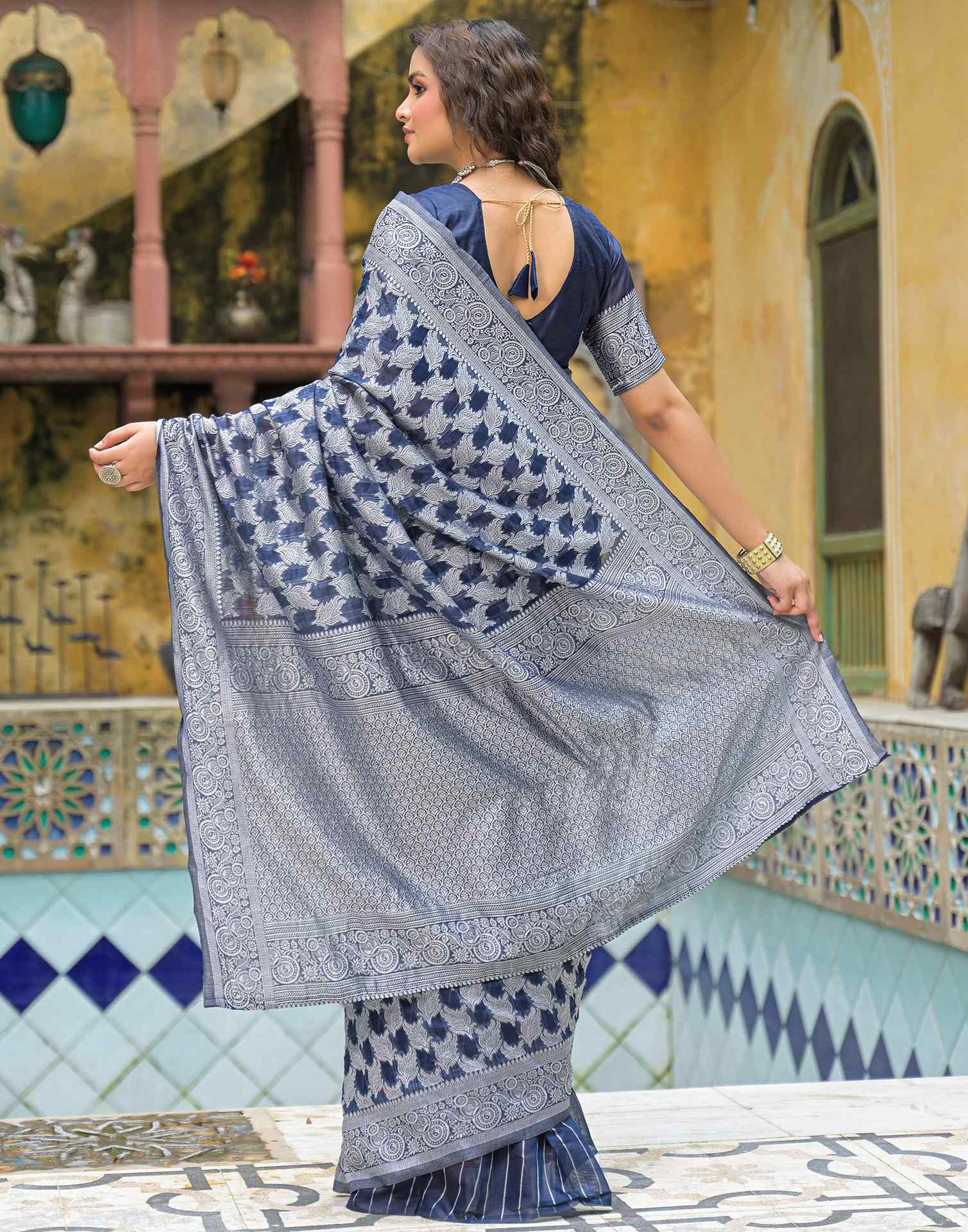 Navy Blue Silk Woven Saree