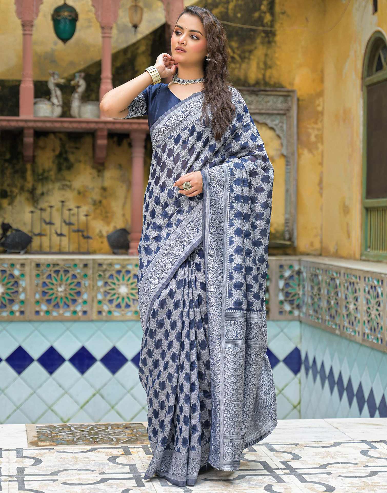 Navy Blue Silk Woven Saree