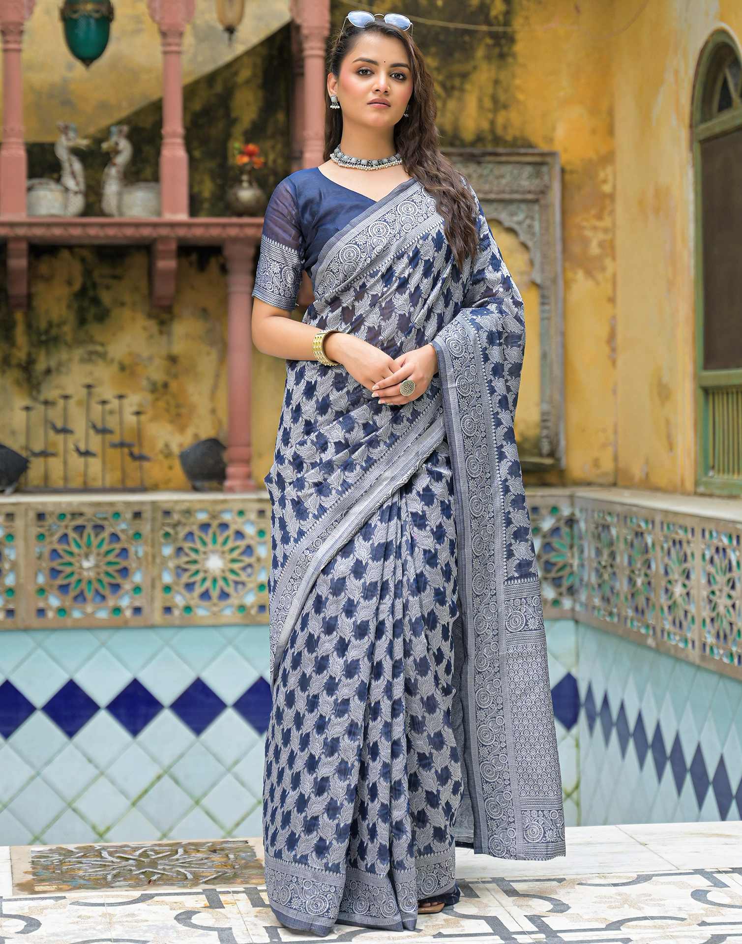 Navy Blue Silk Woven Saree