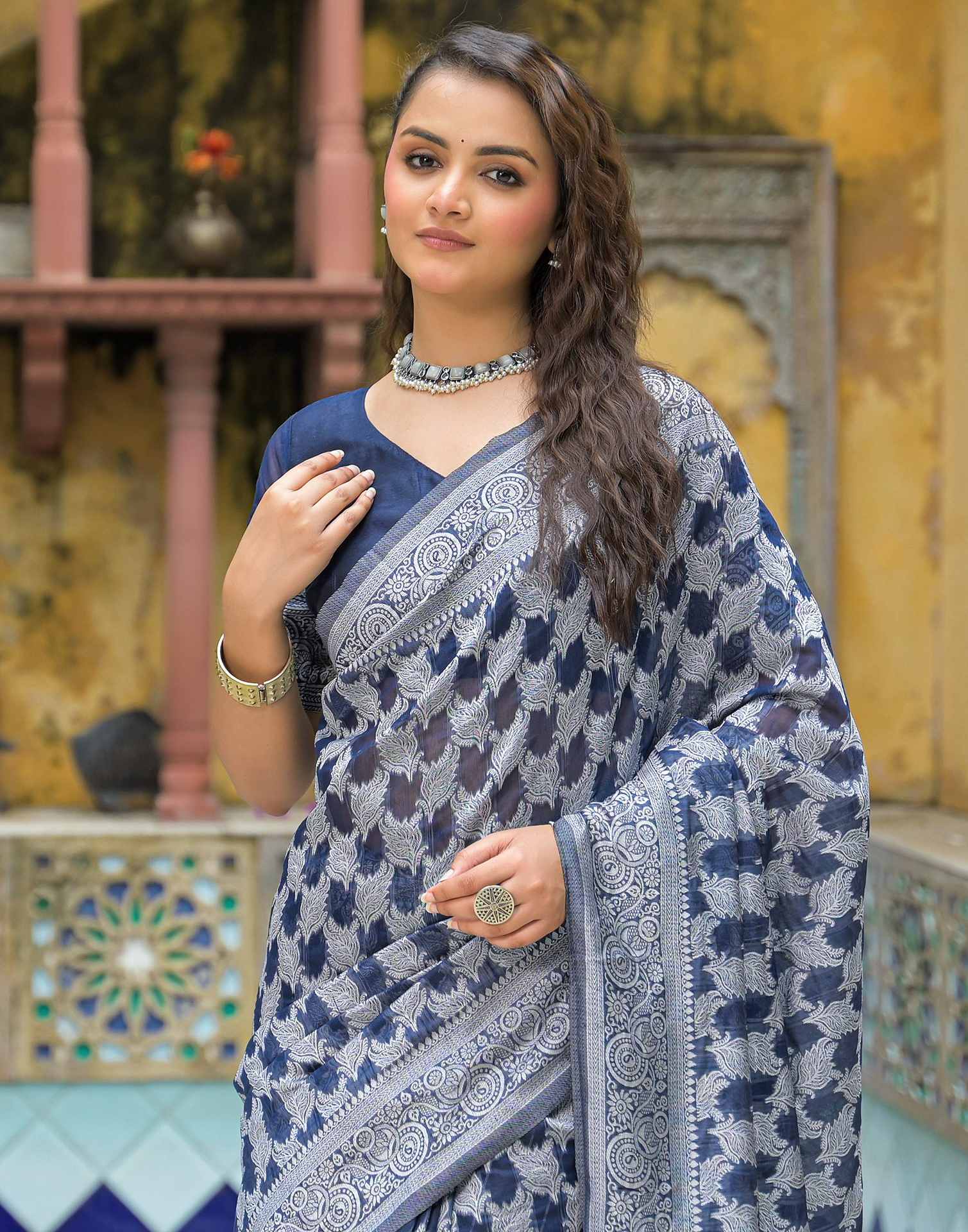 Navy Blue Silk Woven Saree