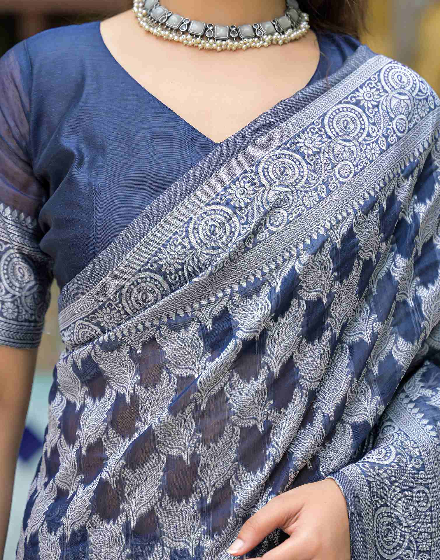 Navy Blue Silk Woven Saree