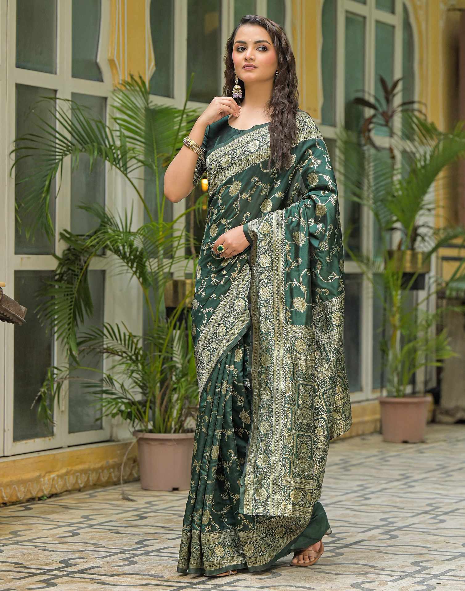 Bottle Green Silk Woven Banarasi Saree