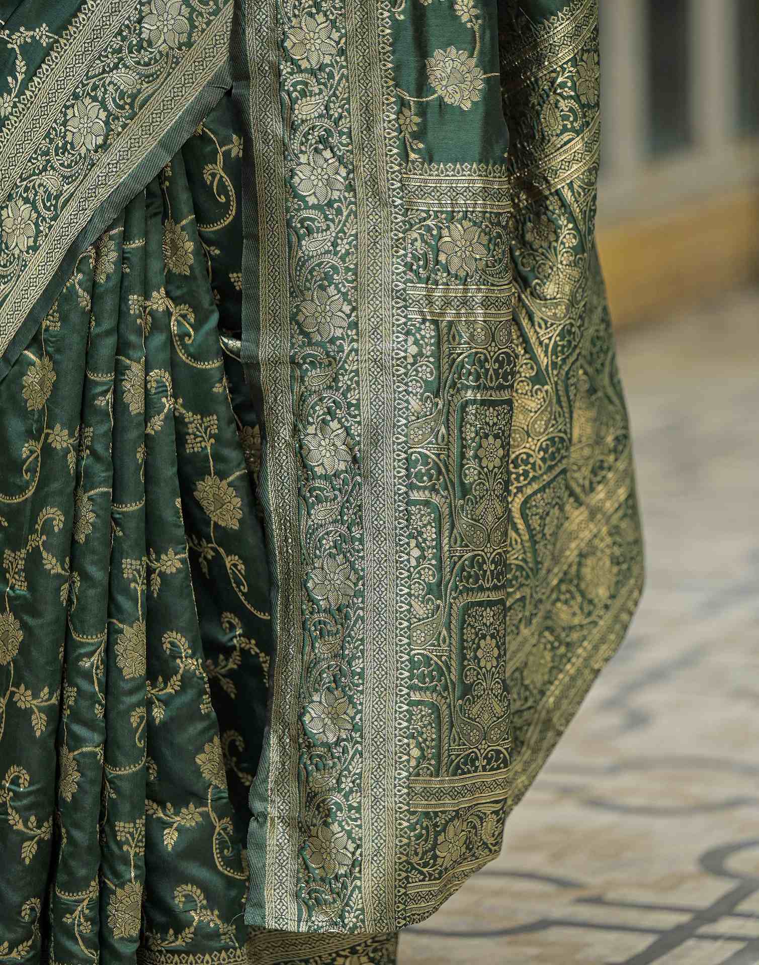Bottle Green Silk Woven Banarasi Saree