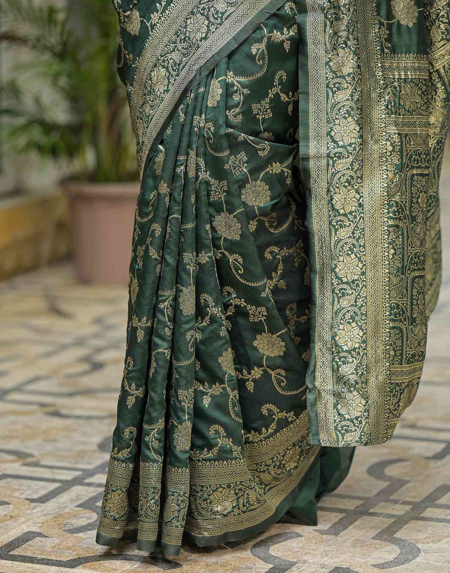 Bottle Green Silk Woven Banarasi Saree