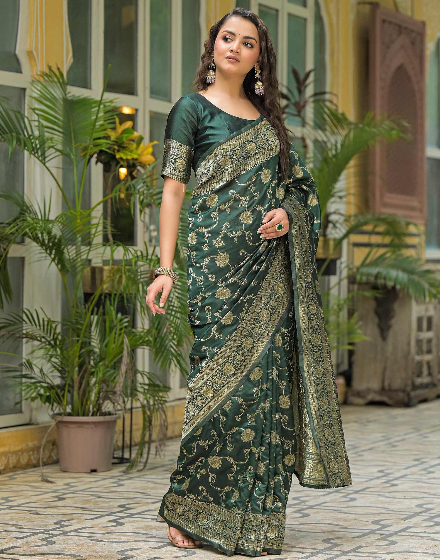 Bottle Green Silk Woven Banarasi Saree