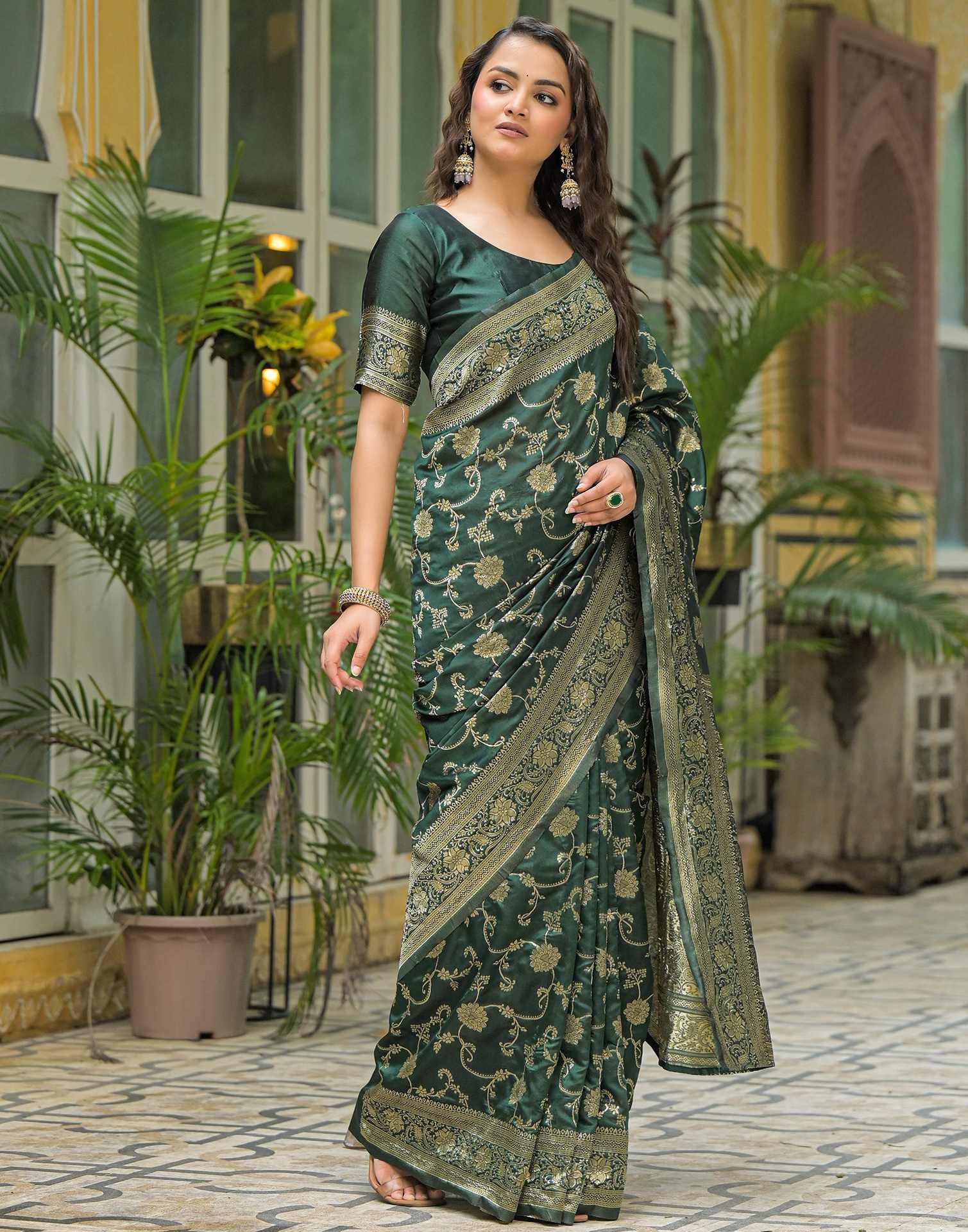 Bottle Green Silk Woven Banarasi Saree