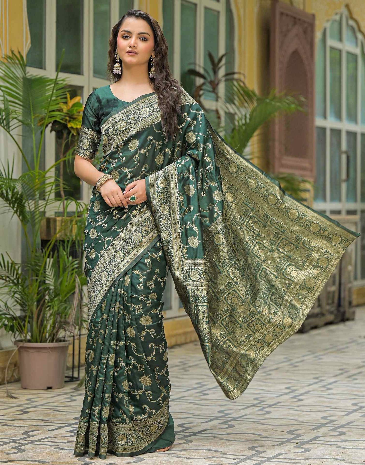 Bottle Green Silk Woven Banarasi Saree