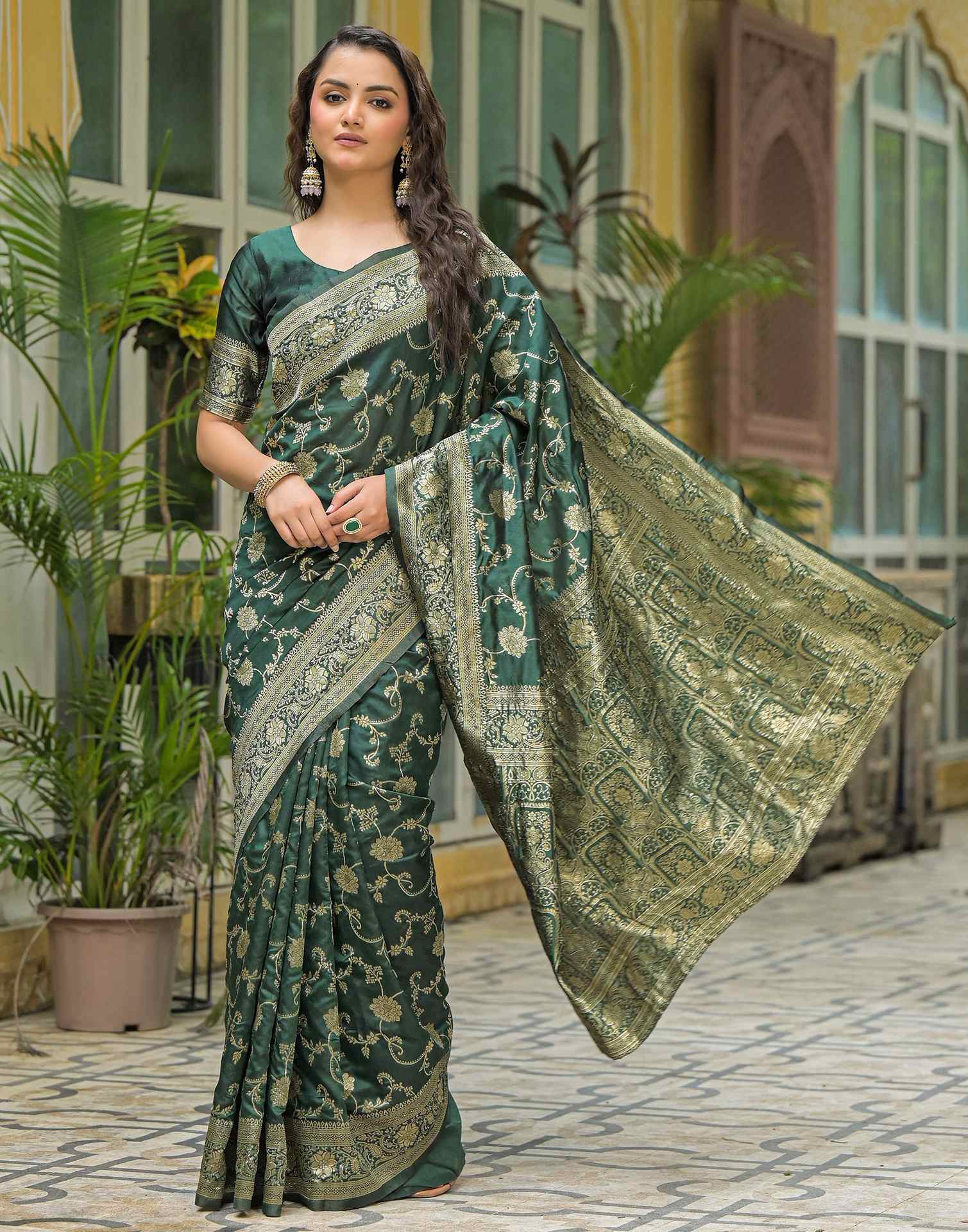 Bottle Green Silk Woven Banarasi Saree