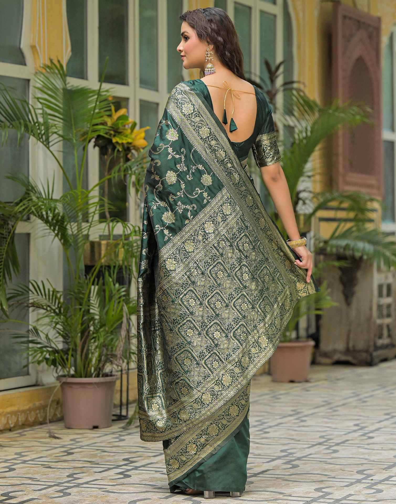 Bottle Green Silk Woven Banarasi Saree