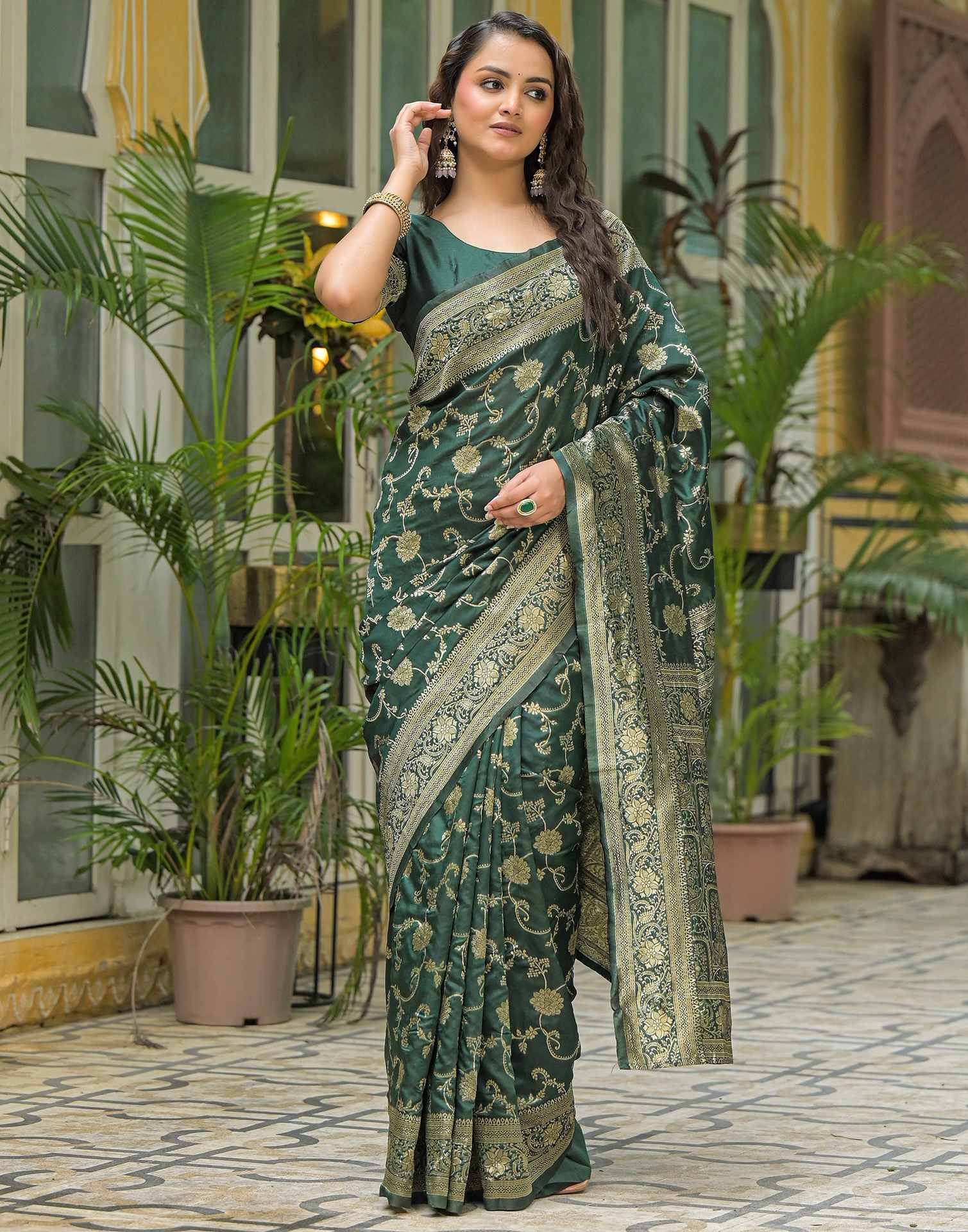 Bottle Green Silk Woven Banarasi Saree