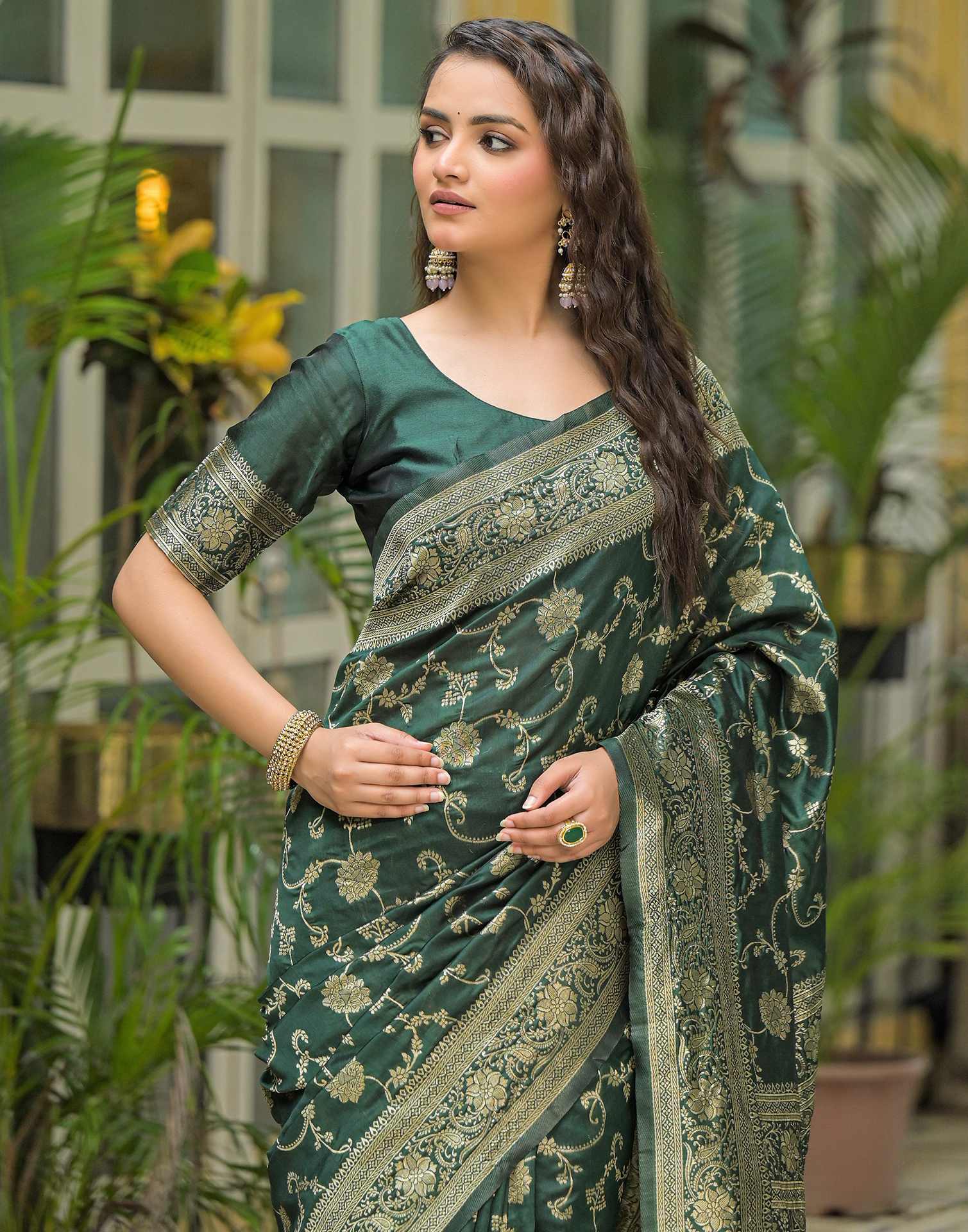 Bottle Green Silk Woven Banarasi Saree