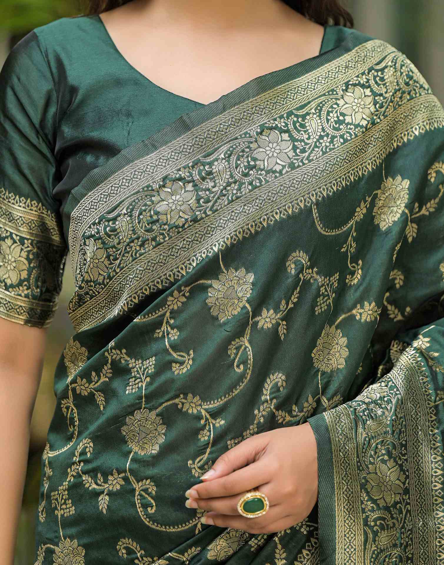 Bottle Green Silk Woven Banarasi Saree