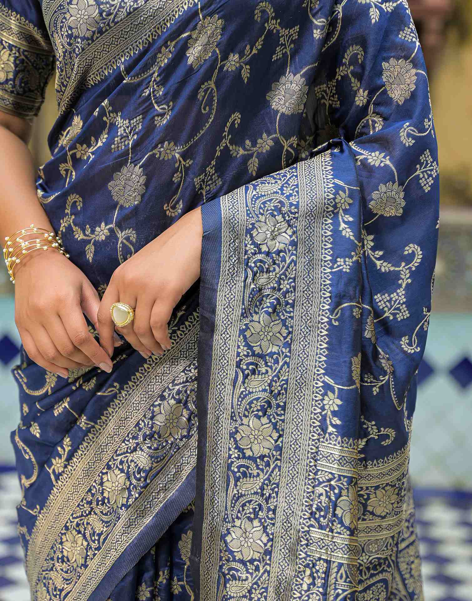 Navy Blue Silk Woven Banarasi Saree