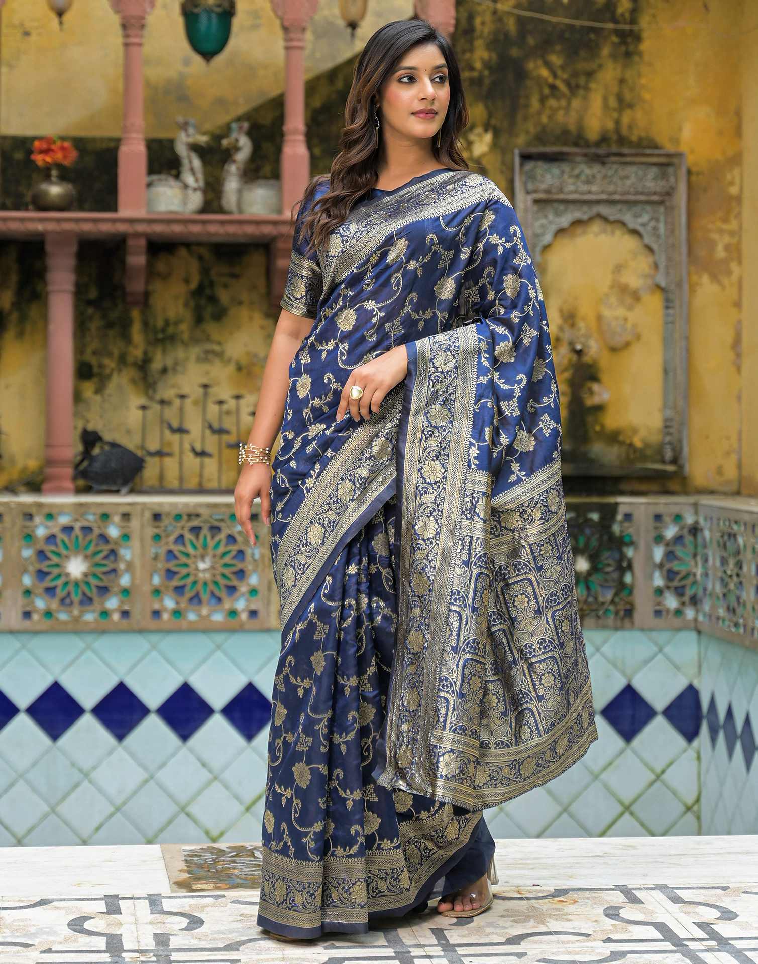 Navy Blue Silk Woven Banarasi Saree