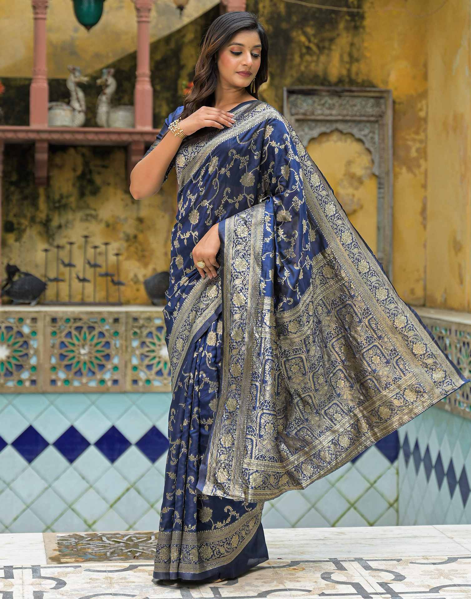 Navy Blue Silk Woven Banarasi Saree